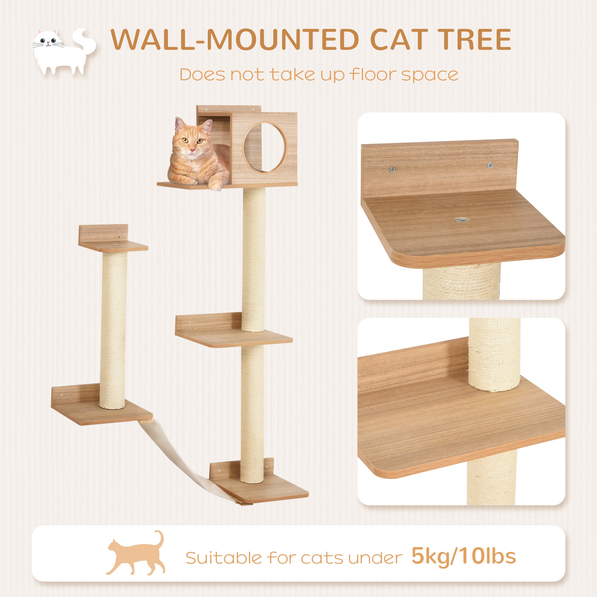HAOYYE Wall-Mounted Multi-Level Cat Tree Activity Tower with Sisal-Covered Scratching Posts & an Interior Condo Area Sturdy Space-Saving Heavy Duty Modern Design Adults Dorm Room Easy Assembly