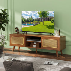 HAOYYE Mid Century Modern Rattan TV Stand for 55/60/65 inch TV , Entertainment Cabinet, Media Console for Living Room Bedroom Media Room, Solid Wood Feet & Rattan Cabinet Doors (Walnut, 59") Sturdy