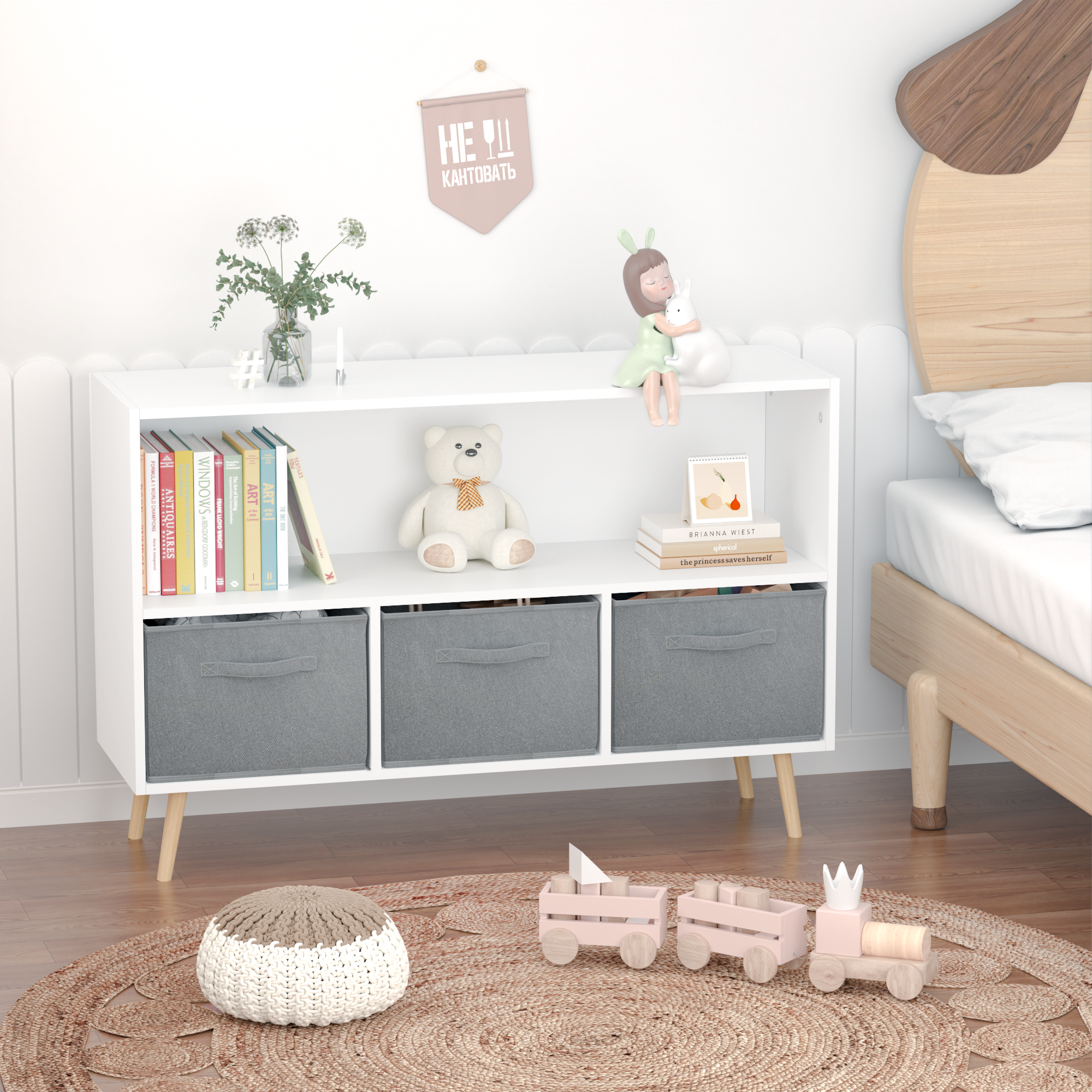HAOYYE Bookcase with Collapsible Fabric Drawers, Book Display and Toy Storage Cabinet Organizer, White/Gray, Sturdy Space-Saving Design, Heavy Duty Construction, Easy Assembly, Durable and Stylish Home Furniture