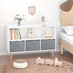 HAOYYE Bookcase with Collapsible Fabric Drawers, Book Display and Toy Storage Cabinet Organizer, White/Gray, Sturdy Space-Saving Design, Heavy Duty Construction, Easy Assembly, Durable and Stylish Home Furniture