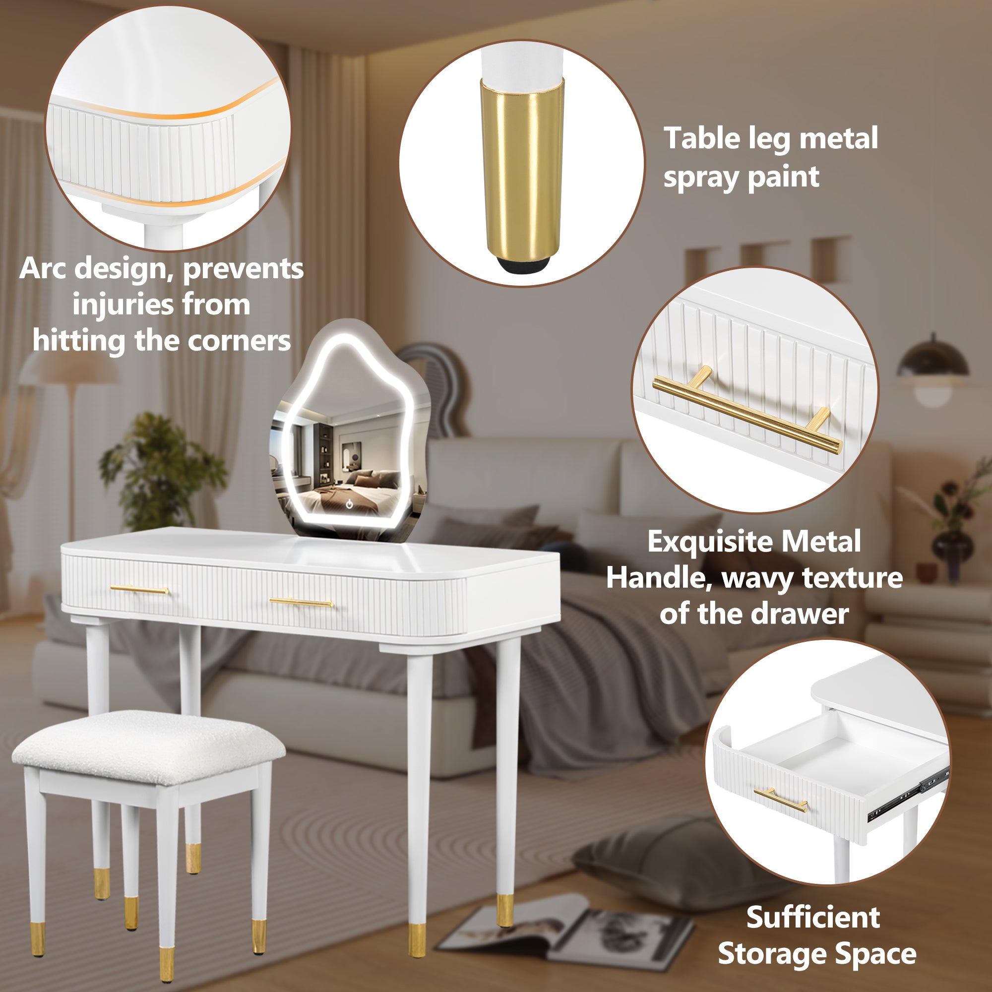 HAOYYE 40" Modern Vanity Table Set with Mirror Touch Screen Lighted Mirror, Dressing Table and Cushioned Stool Set with 2 Large Drawers, White