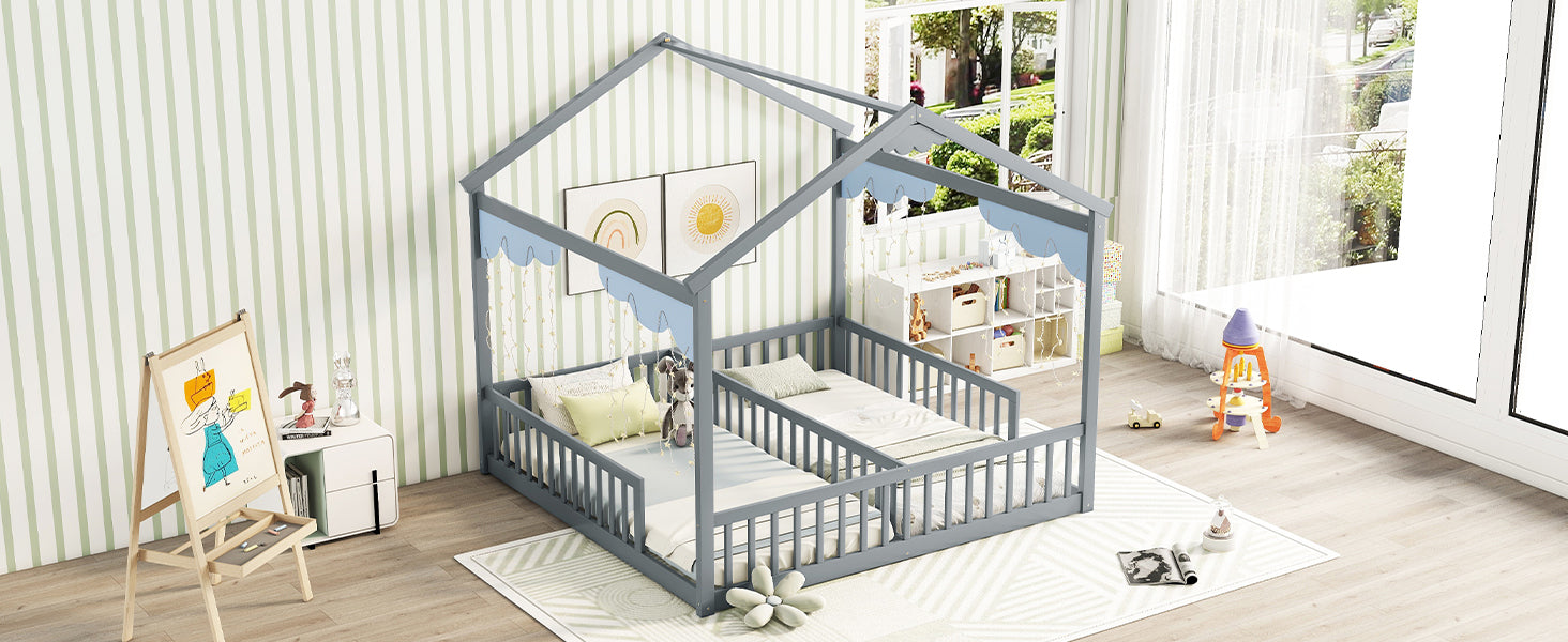 HAOYYE Double Twin House-Style Floor Bed with Fence, Guardrails, without door, Grey Sturdy Space-Saving Heavy Duty Modern Design Adults Dorm Room Easy Assembly Bedroom Furniture