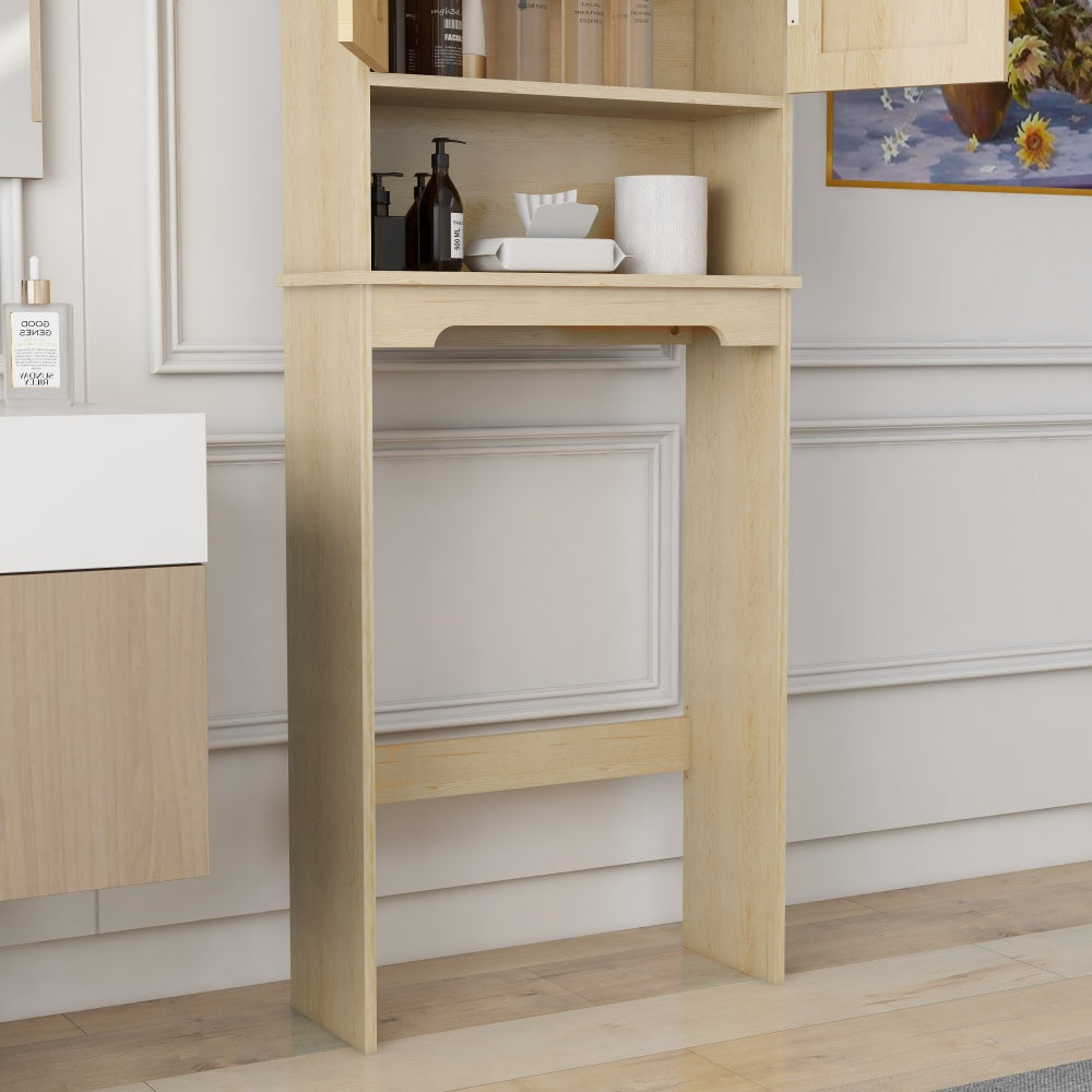 HAOYYE Over The Toilet Storage Cabinet With Adjustable Shelves And Open Storage Shelf, Bathroom Organizer With Two Rattan Doors, Natural Wood Finish, Space-Saving Bathroom Storage Solution For Towels, Toiletries, And More