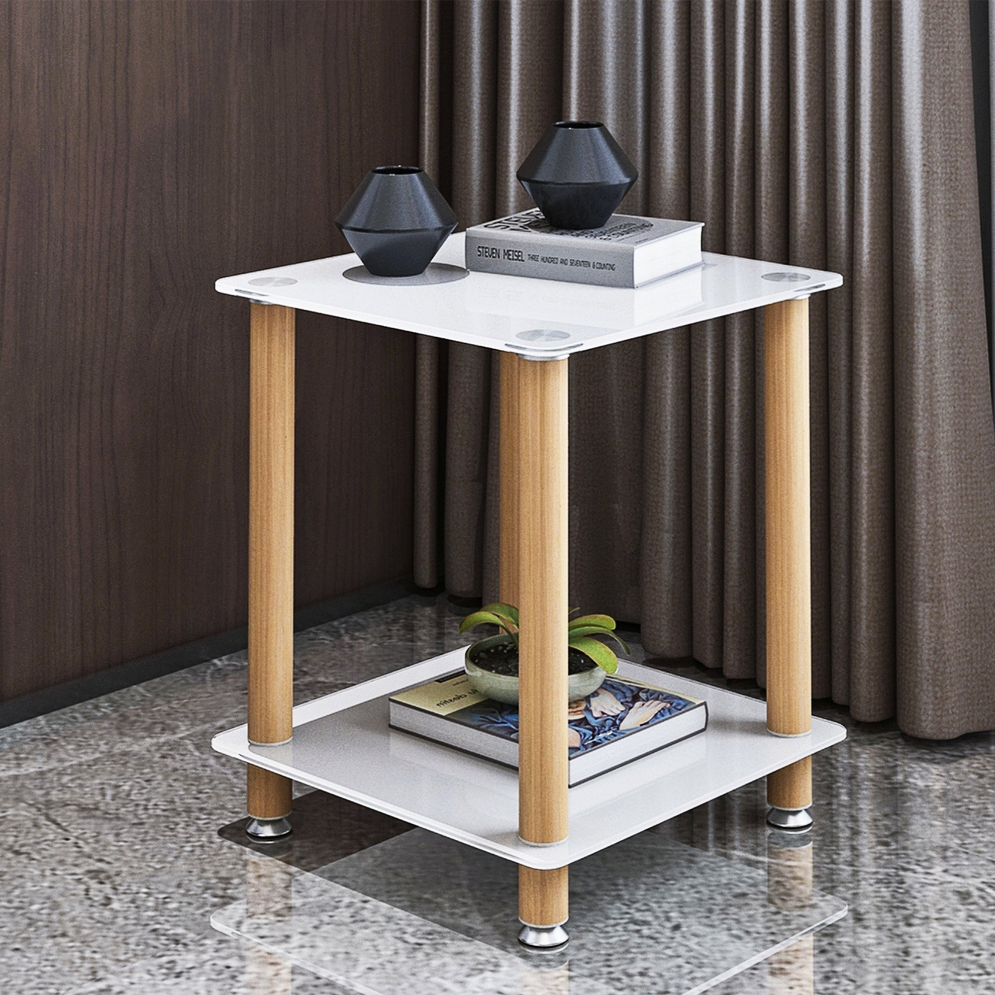 HAOYYE One Piece White And Oak Side Table with Two Tier Storage Shelf for Adults Dorm Room and Living Spaces Perfect as Nightstand, End Table or Sofa Table Featuring Heavy Duty Construction, Space Saving Functionality and Easy Assembly