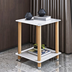 HAOYYE One Piece White And Oak Side Table with Two Tier Storage Shelf for Adults Dorm Room and Living Spaces Perfect as Nightstand, End Table or Sofa Table Featuring Heavy Duty Construction, Space Saving Functionality and Easy Assembly
