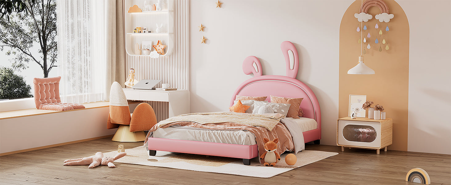 HAOYYE Full Size Upholstered Leather Platform Bed with Rabbit Ornament, Pink Sturdy Space-Saving Heavy Duty Modern Design Adults Dorm Room Easy Assembly Bedroom Furniture