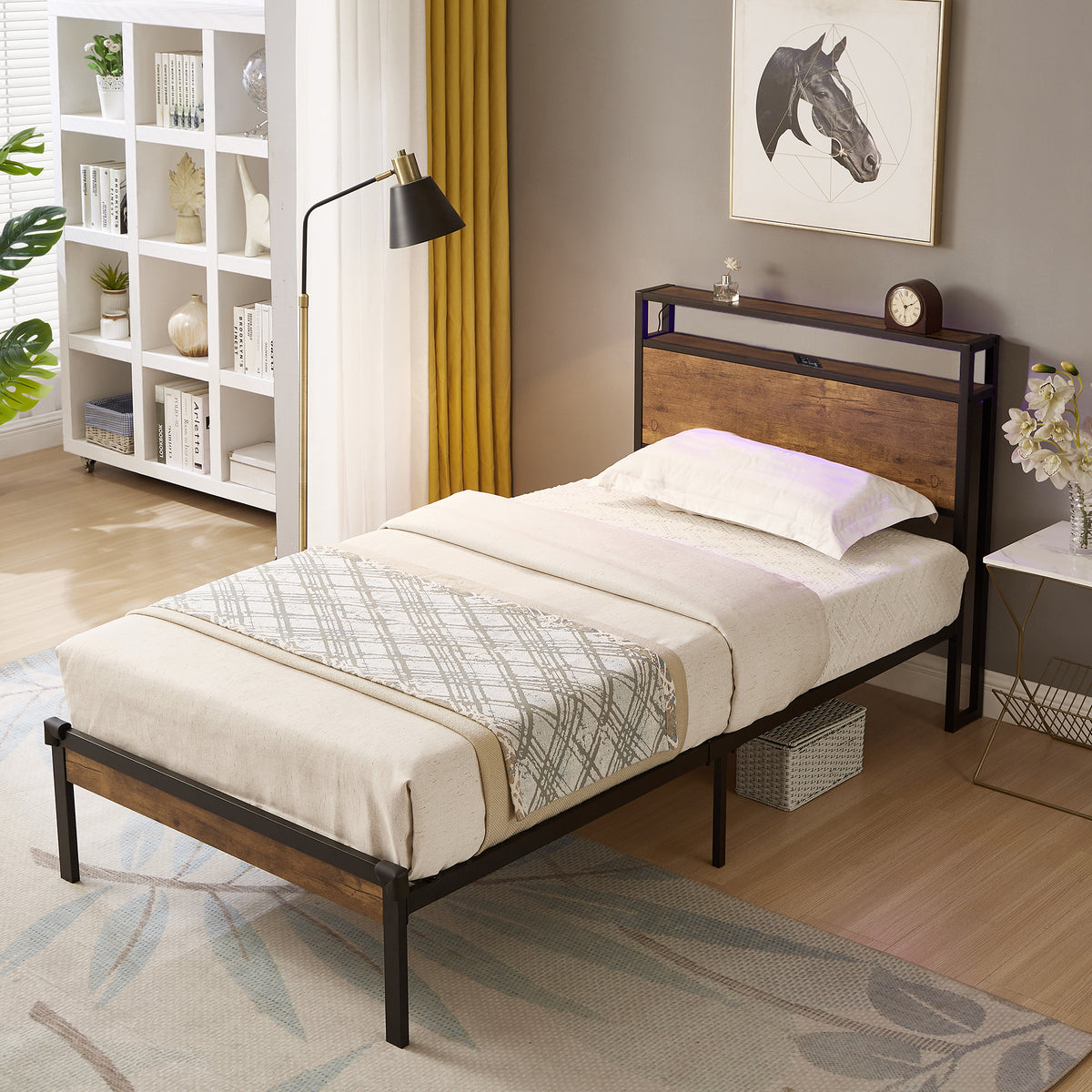 HAOYYE Twin Size Metal Platform Bed Frame with Wooden Headboard and Footboard with USB LINER, No Box Spring Needed, Under Bed Storage, Easy Assemble Sturdy Space-Saving Heavy Duty Modern Design Durable