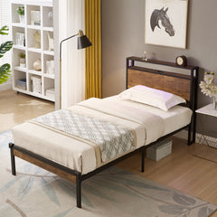 HAOYYE Twin Size Metal Platform Bed Frame with Wooden Headboard and Footboard with USB LINER, No Box Spring Needed, Under Bed Storage, Easy Assemble Sturdy Space-Saving Heavy Duty Modern Design Durable