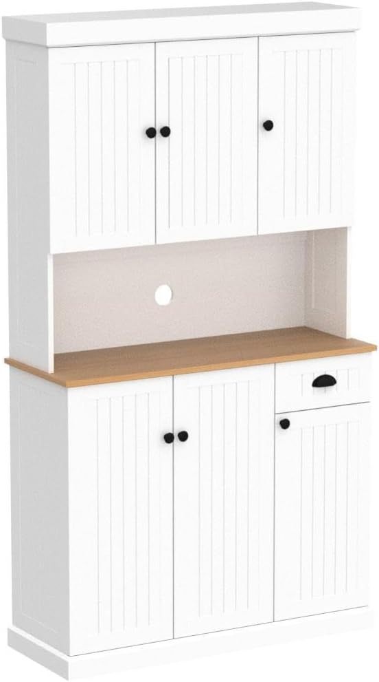 HAOYYE Freestanding Living Room Storage Cabinet with Microwave Countertop, Adjustable Shelves, 6 Doors & 1 Drawer, White, Space-Saving Modern Design, Sturdy Heavy Duty Construction, Stylish Home Furniture