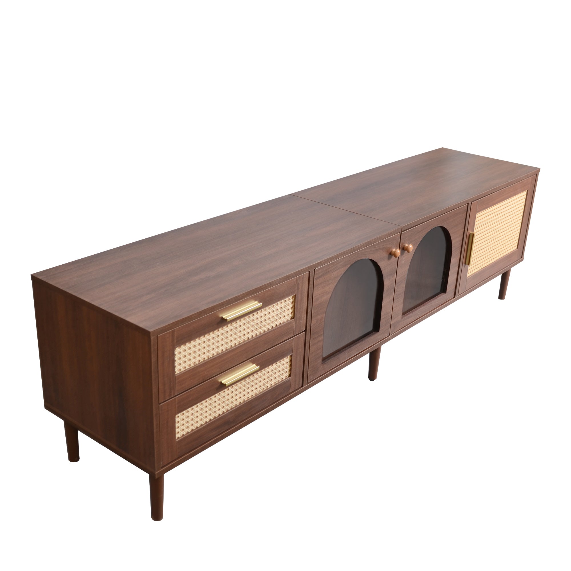 HAOYYE Rattan TV Stand with 3 Cabinets & 2 Drawers, Rattan-Inspired Media Console Table for TVs up to 80", LED Light Entertainment Center, TV Cabinet for Living Room, Bedroom, Home Theater, Sturdy Heavy Duty Construction