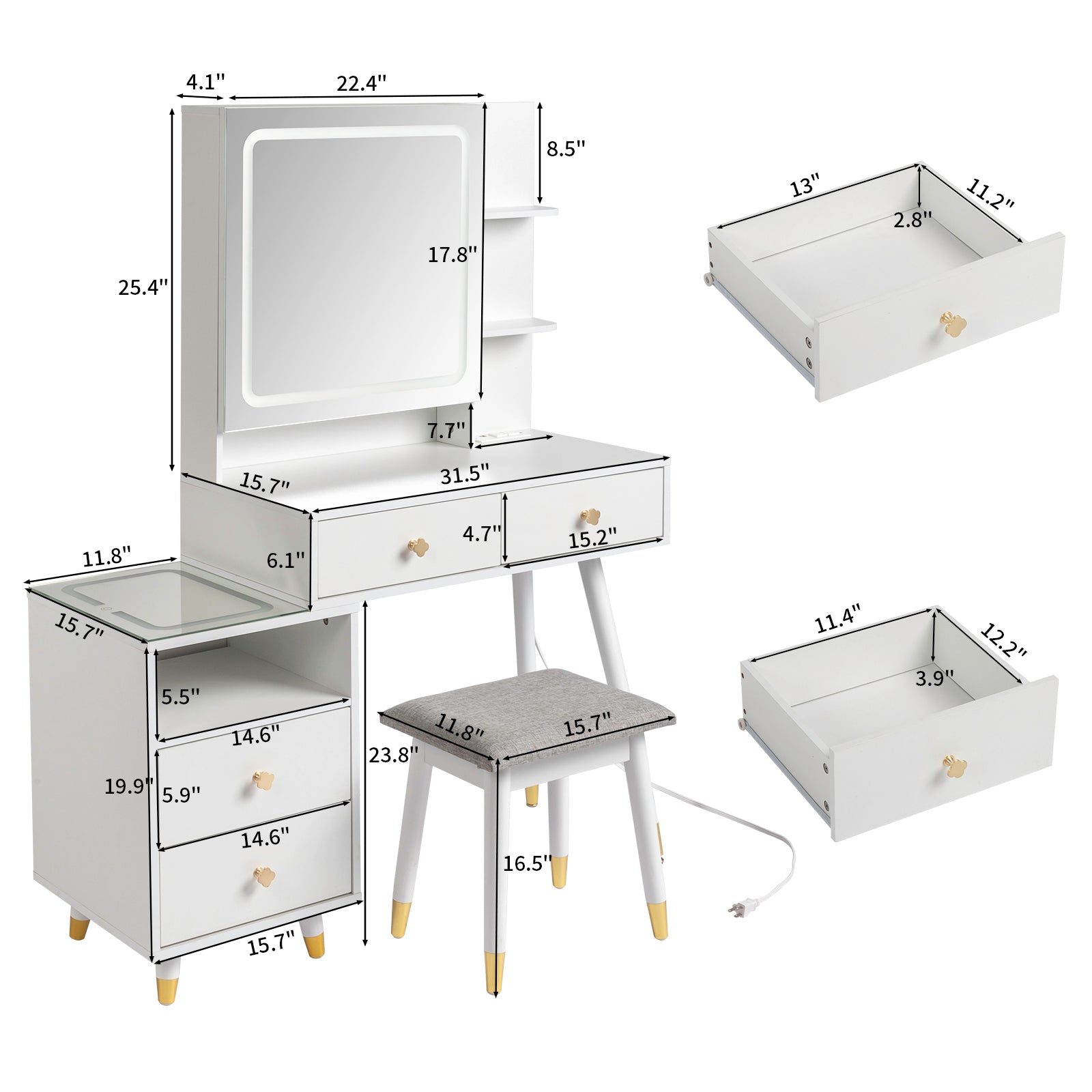 HAOYYE Vanity Dressing Table Set with LED Mirror Cabinet, 4 Drawers, 2-Tier Shelf, Three-Tone Dimmable Light, Pitted Particle Board with Melamine Finish, Solid Wood Legs with Copper Sheath, Modern Makeup Desk with Storage for Bedroom or Dressing Room
