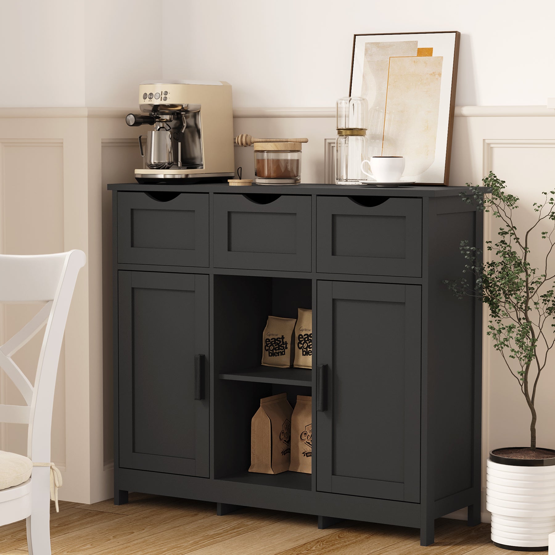 HAOYYE Storage Cabinet With Drawers And Shelves, Black Wooden Floor Cabinet, Accent Cabinet For Living Room, Bedroom, Or Bathroom, Sturdy Modern Space-Saving Heavy Duty Design