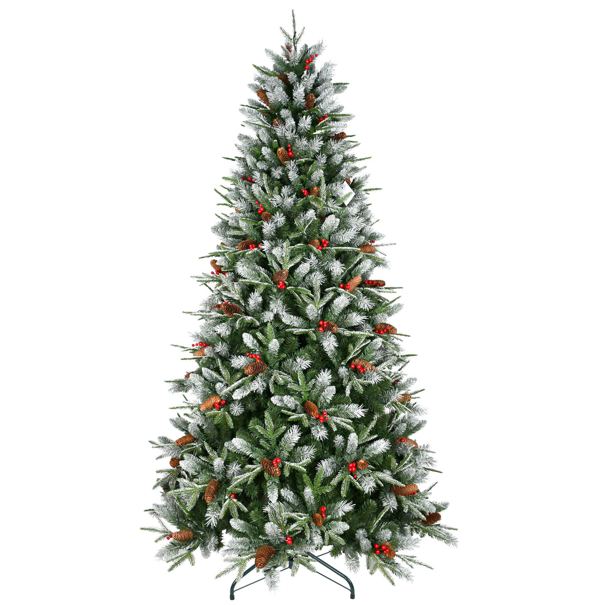 HAOYYE Artificial Green Christmas Tree with Mixed PE and PVC Branch Tips, Red Fruit and Pine Cone Decorations, Hinged Foldable Base, Fireproof PVC Material, Easy Assembly and Storage, Sturdy Hardware Pole for Indoor Holiday Decor