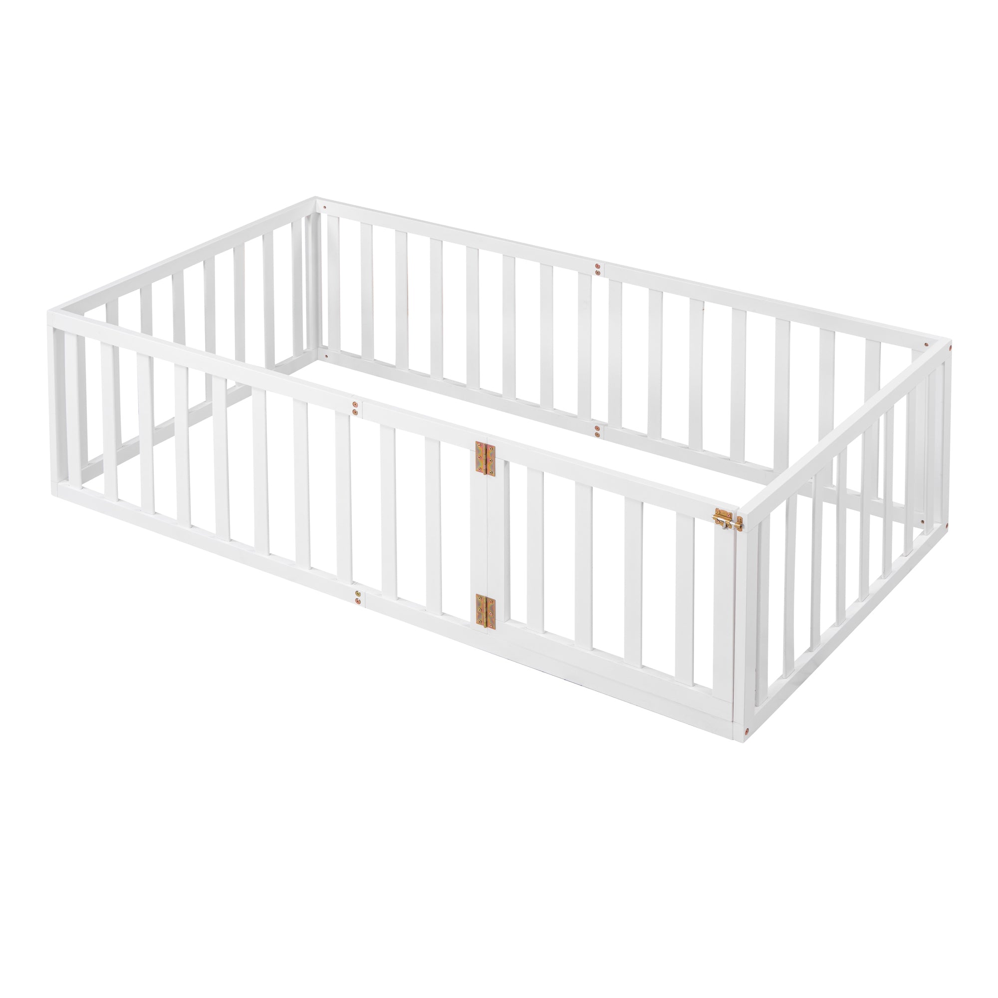 HAOYYE Twin Size Wood Floor Bed Frame with Fence and Door, White(OLD SKU :WF289661AAK) Sturdy Space-Saving Heavy Duty Modern Design Adults Dorm Room Easy Assembly Bedroom Furniture