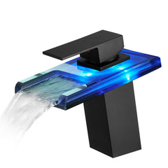 HAOYYE Bathroom Sink Faucet LED Light 3 Colors Changing Waterfall Glass Spout Hot Cold Water Mixer Single Handle One Hole Deck Mounted Bathroom Faucet Black Lavatory Vanity Basin Bath Plumbing Fixtures