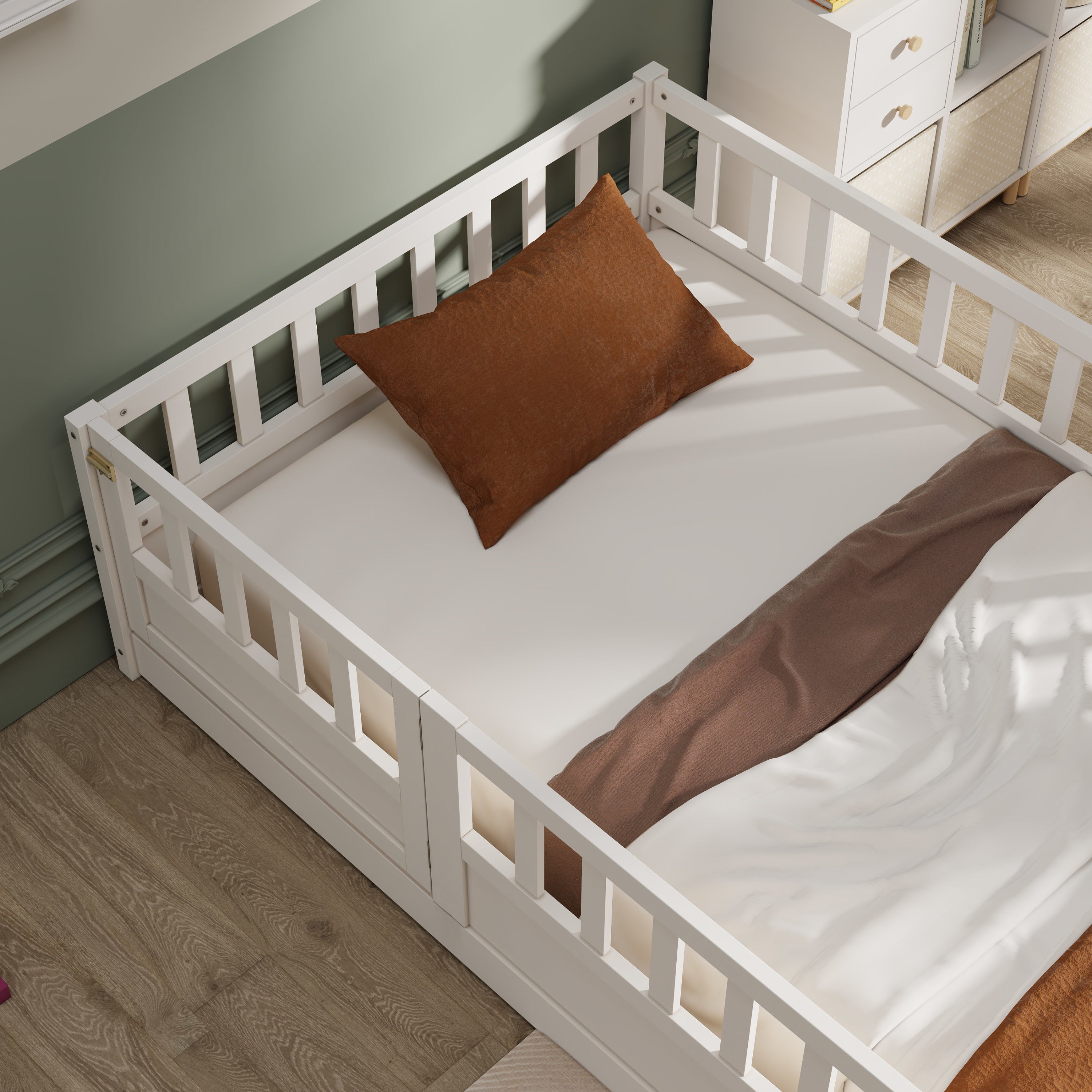 HAOYYE Twin Size Floor bed, integral construction with super high security barrier, door, 's floor bed frame, Montessori wooden 's floor bed, white Sturdy Space-Saving Heavy Duty Adults