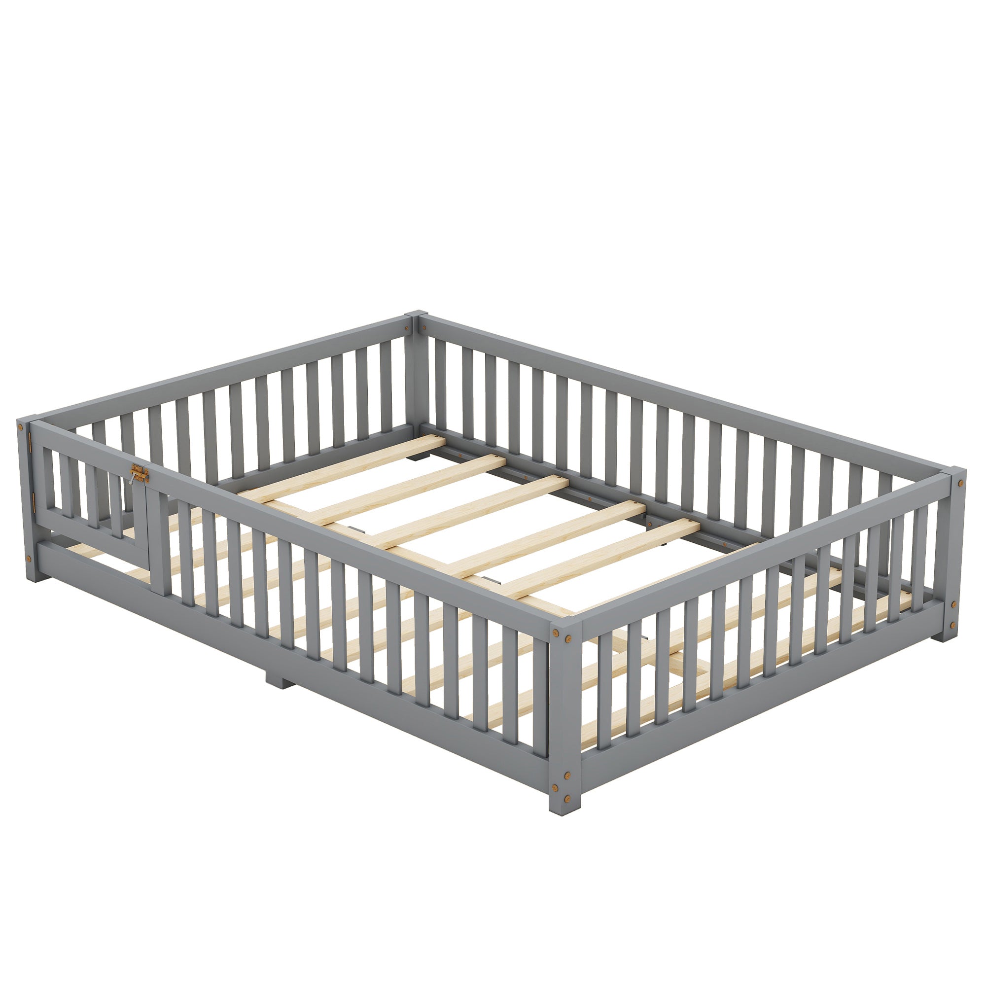 HAOYYE Full Size Bed Floor Bed with Safety Guardrails and Door for , Gray(Old SKU: W158090691) Sturdy Space-Saving Heavy Duty Modern Design Adults Dorm Room Easy Assembly Bedroom Furniture