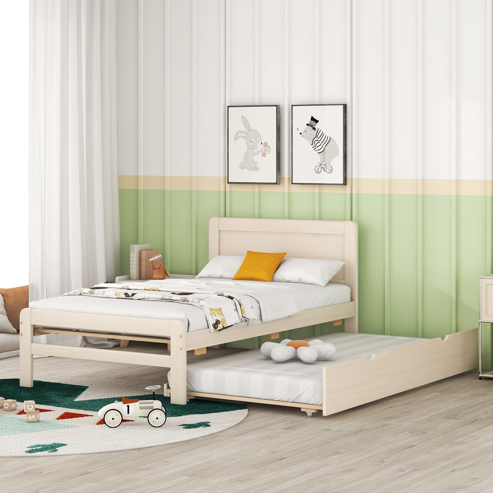 HAOYYE Modern Design Twin Size Platform Bed Frame with Trundle for White Washed Color Sturdy Space-Saving Heavy Duty Easy Assembly Durable Stylish Home Furniture Versatile