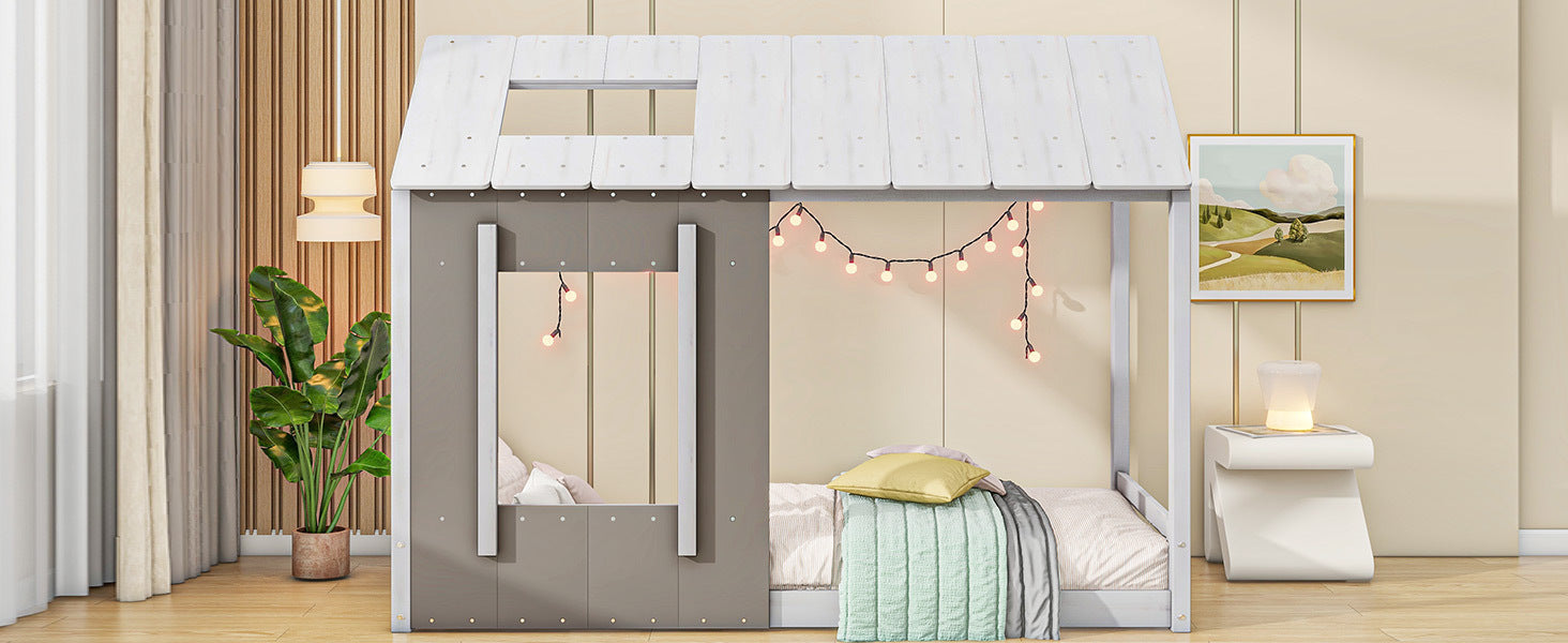 HAOYYE Twin Size House Platform with Roof and Window, White+Antique Grey(Old SKU: WF294130AAE) Sturdy Space-Saving Heavy Duty Modern Design Adults Dorm Room Easy Assembly Bedroom Furniture