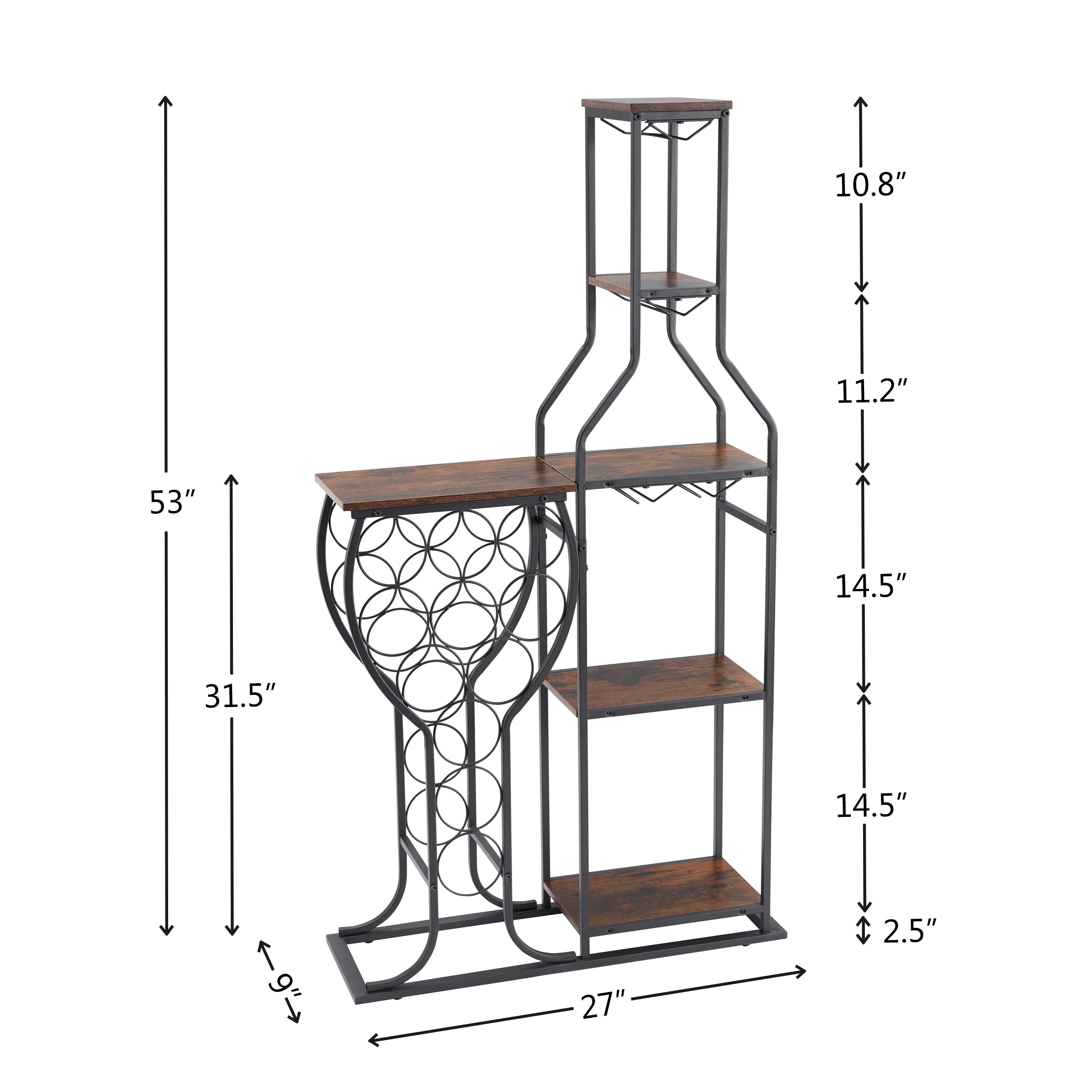 HAOYYE 11 Bottle Wine Bakers Rack, 5 Tier Freestanding Wine Rack with Hanging Wine Glass Holder and Storage Shelves, Wine Storage Home Bar for Liquor and Wine Storagefor Kitchen, Dining Room Sturdy