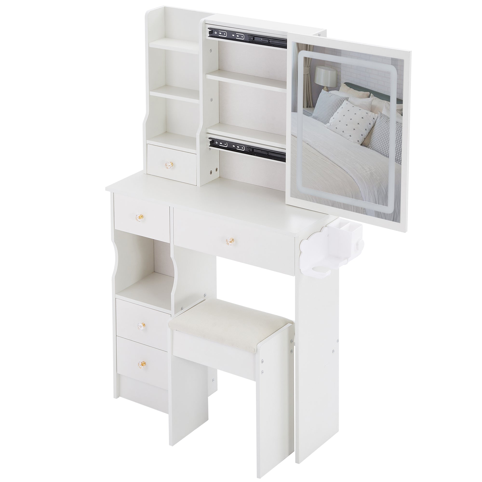 HAOYYE Compact Vanity Table With Left Drawer, Cushioned Stool, Touch-Control Sliding LED Mirror With Tri-Color Switching, Built-In Power Station, Hair Dryer Bracket, Certified By EPA, GCC, And UL