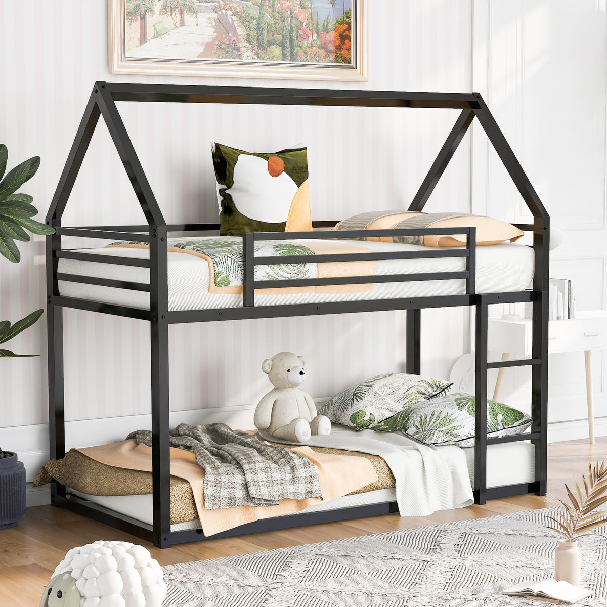 HAOYYE Twin over Twin House Bunk Bed with Built-in Ladder,Black Sturdy Space-Saving Heavy Duty Modern Design Adults Dorm Room Easy Assembly Bedroom Furniture