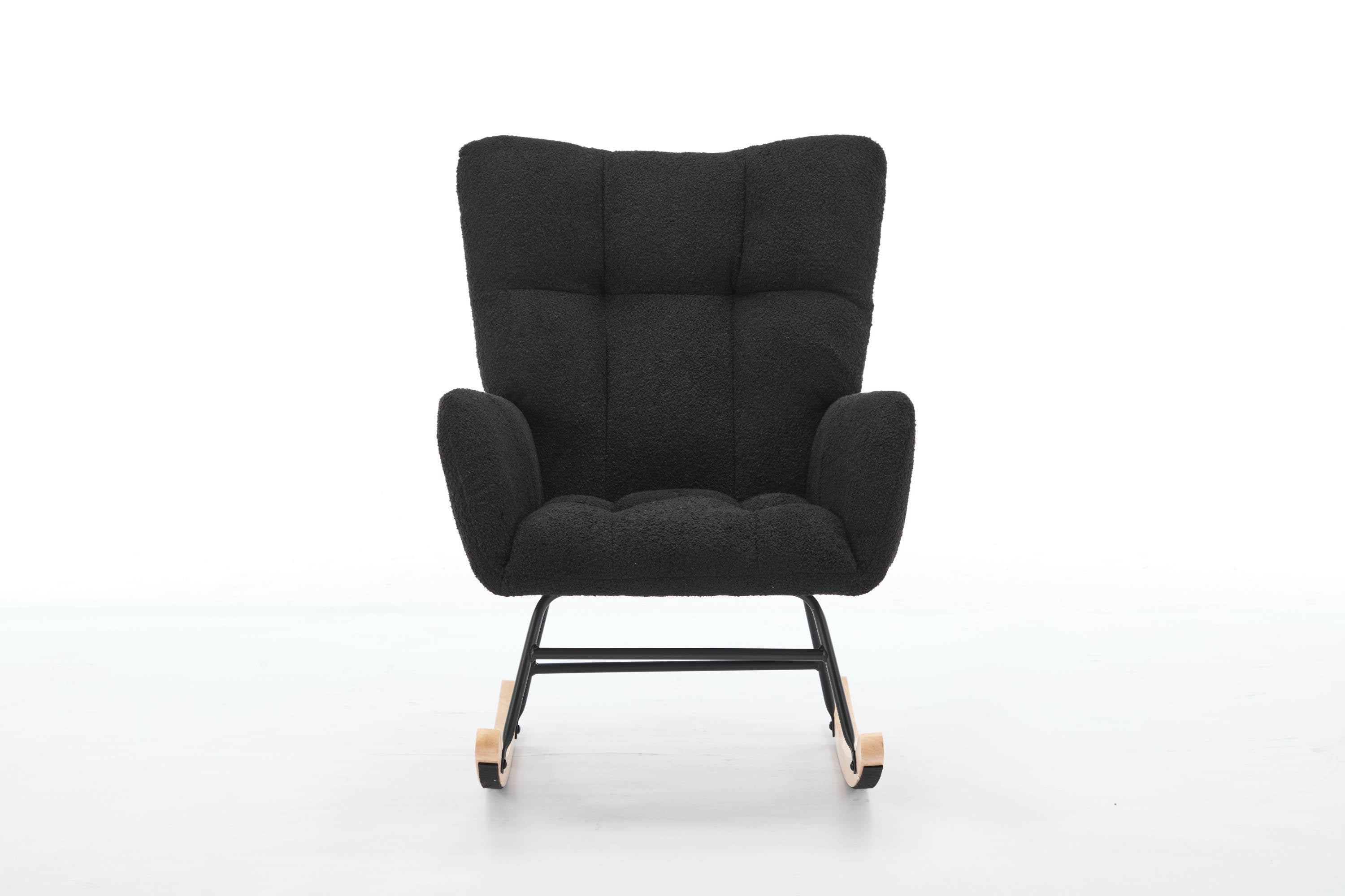 Haoyye Black Modern Nursery Rocking Chair with High Backrest, Soft Teddy Upholstered Glider Accent Armchair with Solid Wood Legs, Gentle Rocker for Bedroom, Living Room, or Nursery, Sturdy and Space-Saving Design for Adults