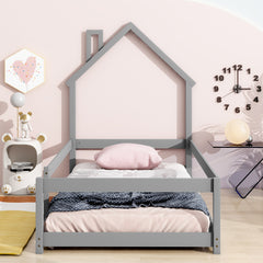 Haoyye Twin Size Wood Bed with House-Shaped Headboard, Floor Bed Frame with Fences and Guardrails, Modern Space-Saving Platform Bed for Bedroom or Dorm, Sturdy Pine Construction, Easy to Assemble, Ideal for Creative and Relaxing Sleep Spaces