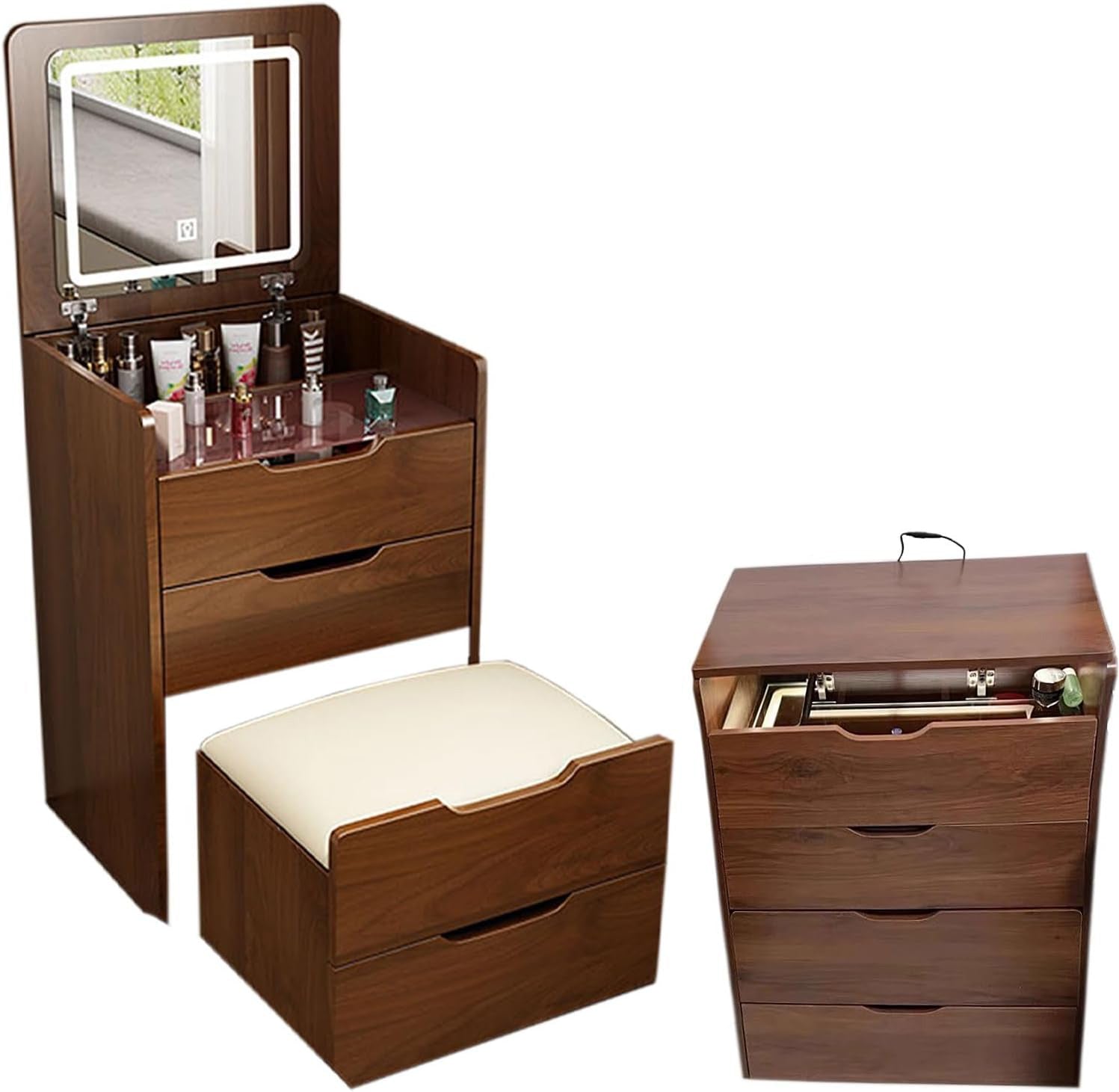 HAOYYE  3 in 1 Vanity Desk with Plip Top Mirror,Small Make Up Vanity Set with Visible Glass Desktop,Compact Makeup Vanity with 3 Drawers,Cushioned Tool,Dressing Table for Bedroom