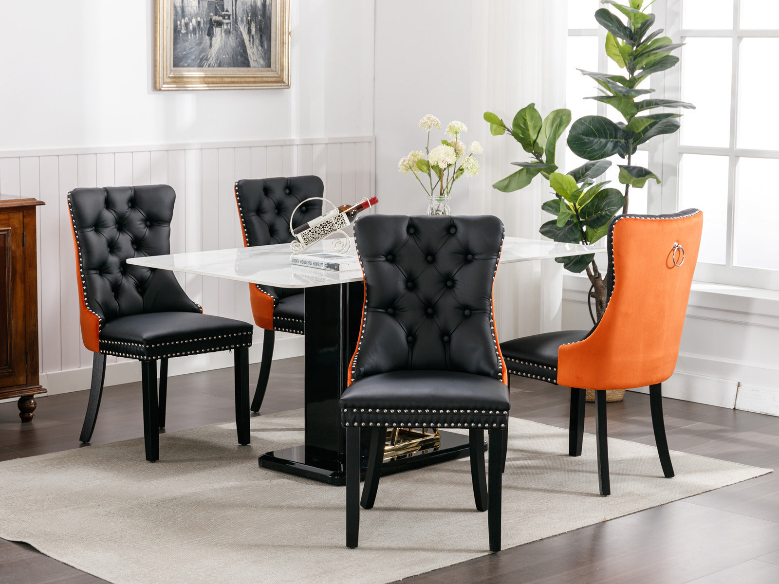 HAOYYE Nikki Collection Modern, High-end Tufted Solid Wood Contemporary PU and Velvet Upholstered Dining Chair with Wood Legs Nailhead Trim 2-Pcs Set lack+Orange, SW2101BO Sturdy Space-Saving