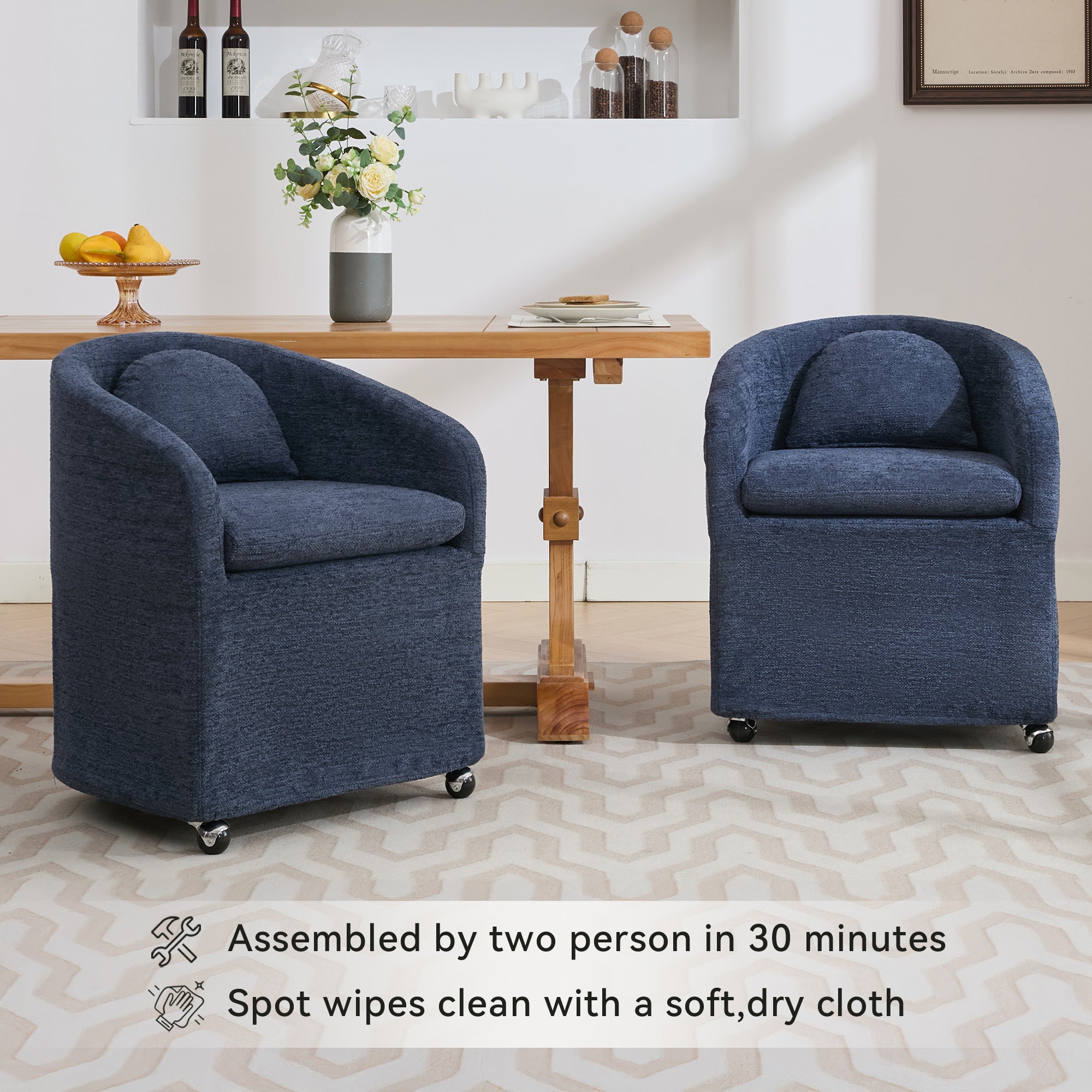 HAOYYE 059-Set of 1 Chenille Fabric Dining Armchair With Back Cushion and Universal Wheels,Blue Sturdy Space-Saving Heavy Duty Modern Design Adults Dorm Room Easy Assembly Bedroom Furniture
