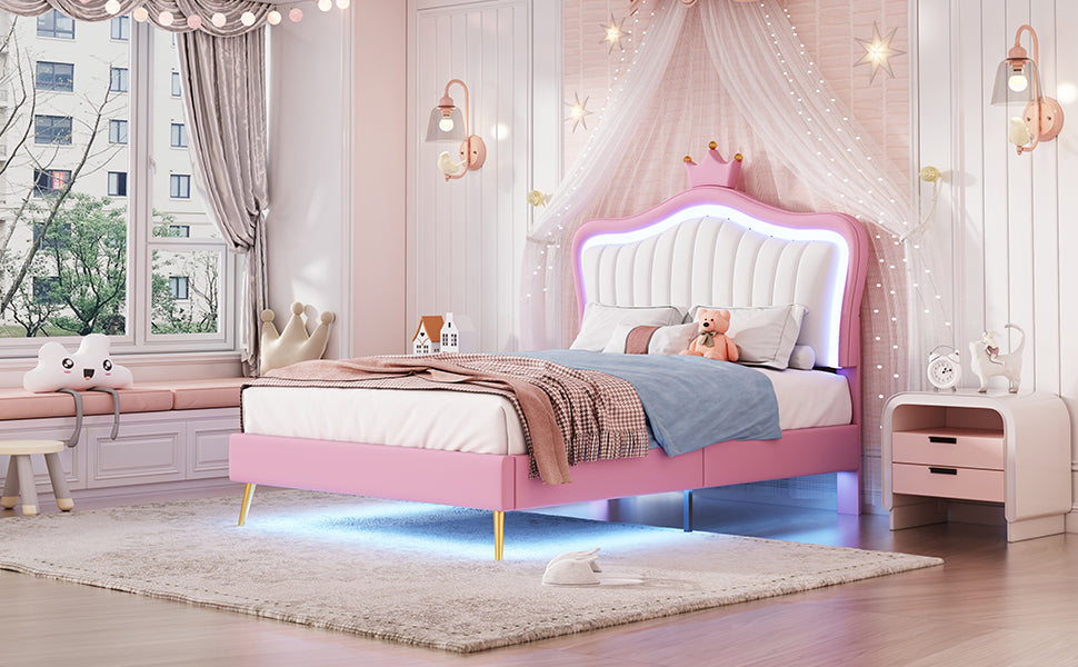 HAOYYE Twin Size Upholstered Bed Frame with LED Lights, Modern Upholstered Princess Bed With Crown Headboard,White+Pink Sturdy Space-Saving Heavy Duty Modern Design Adults Dorm Room Easy Assembly