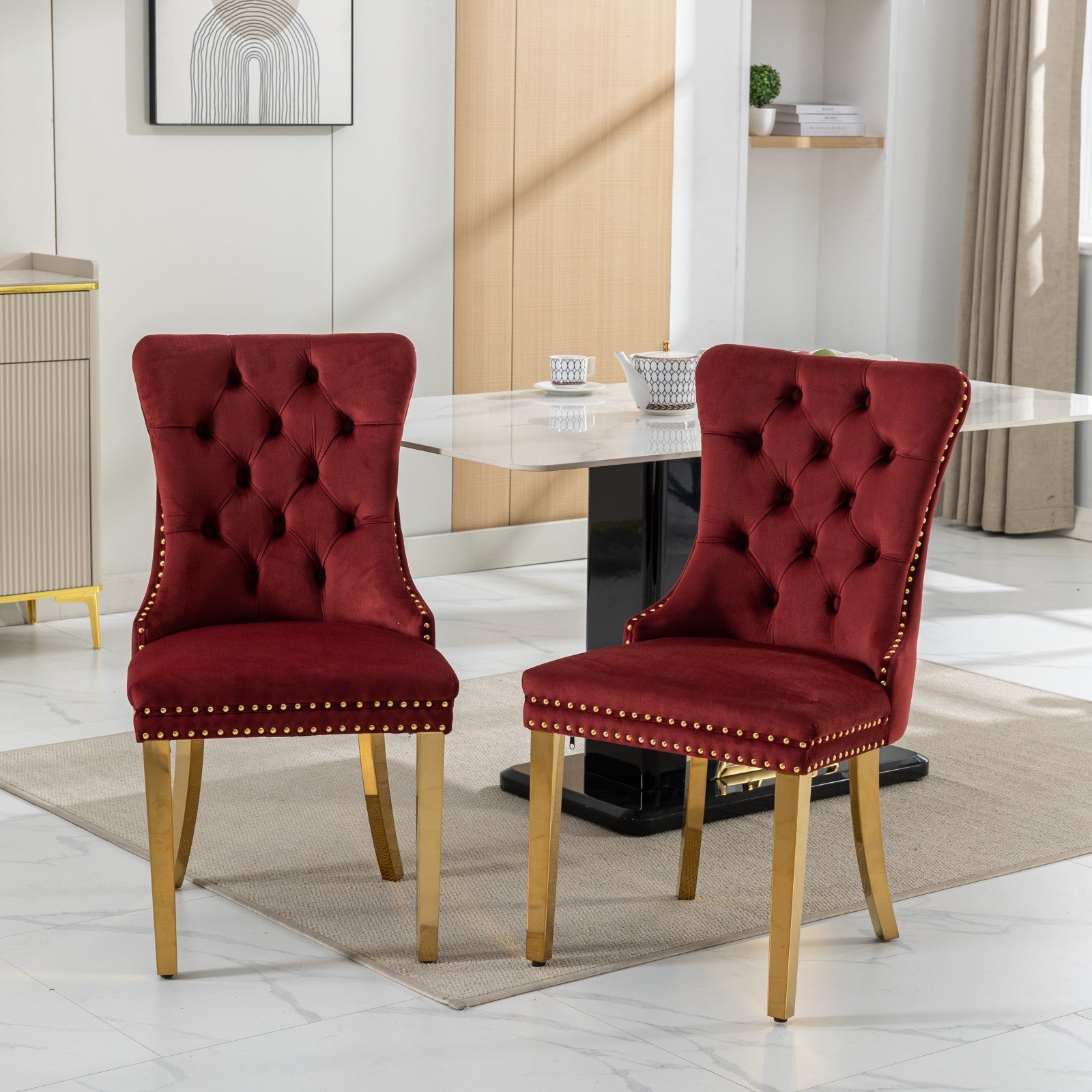 HAOYYE Nikki Collection Modern, High-end Tufted Solid Wood Contemporary Velvet Upholstered Dining Chair with Golden Stainless Steel Plating Legs,Nailhead Trim,Set of 2,Wine Red and Gold, SW1601WR,Burgundy