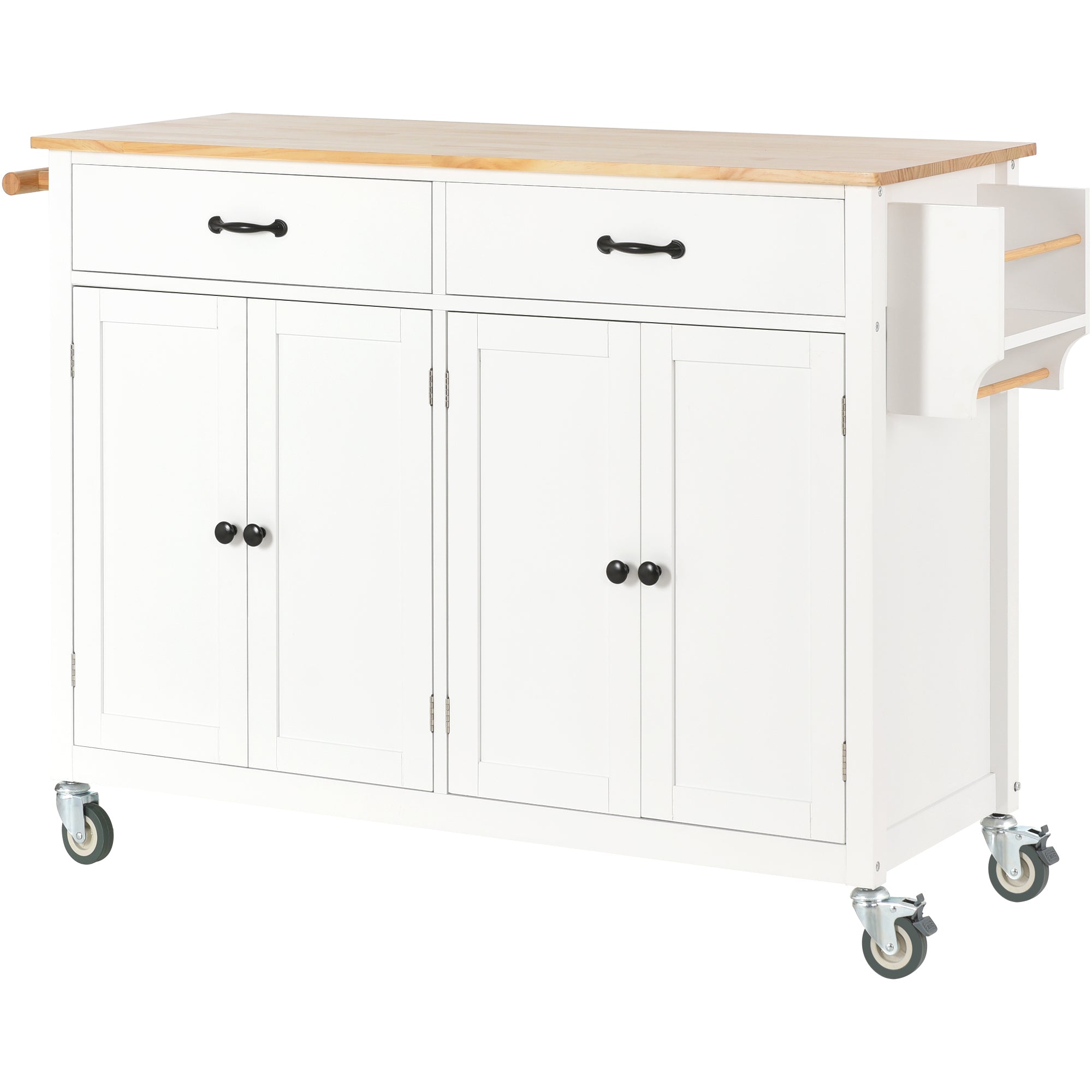 HAOYYE Kitchen Island Cart with Solid Wood Top, Locking Wheels, Four Door Cabinet, Two Drawers, Spice Rack, and Towel Rack, White, Sturdy Space-Saving Design, Heavy Duty Construction, Easy Assembly, Durable and Stylish Home Furniture