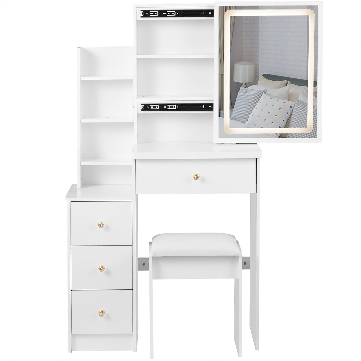 HAOYYE Small Size Left Bedside Cabinet Vanity Table + Cushioned Stool, Touch Control Sliding LED Mirror, Tri-color Switching, Brightness Adjust, Multi Layer, Suitable for Small Space, EPA,GCC,UL Certificate