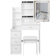 HAOYYE Small Size Left Bedside Cabinet Vanity Table + Cushioned Stool, Touch Control Sliding LED Mirror, Tri-color Switching, Brightness Adjust, Multi Layer, Suitable for Small Space, EPA,GCC,UL Certificate