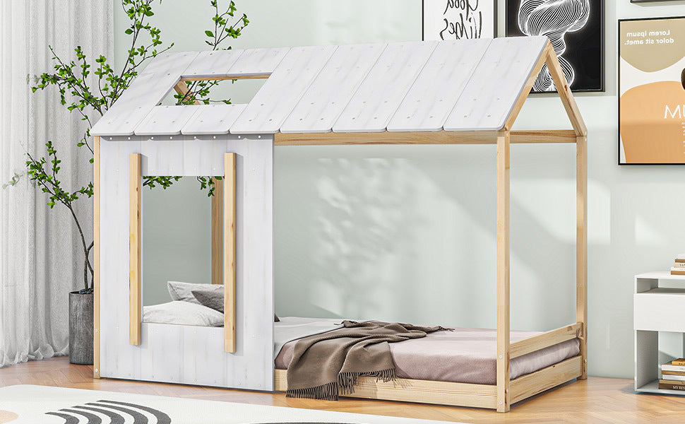 HAOYYE Twin Size House Platform with Roof and Window , White+Natural Sturdy Space-Saving Heavy Duty Modern Design Easy Assembly Durable Stylish Home Furniture Versatile