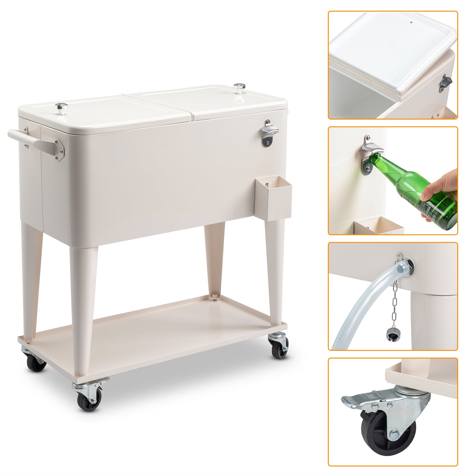 HAOYYE Milk White Rolling Cooler Cart Outdoor Beverage Tub with Bottle Opener Cap Catcher Insulated Ice Chest on Wheels Locking Casters for Patio Pool Party BBQ Camping