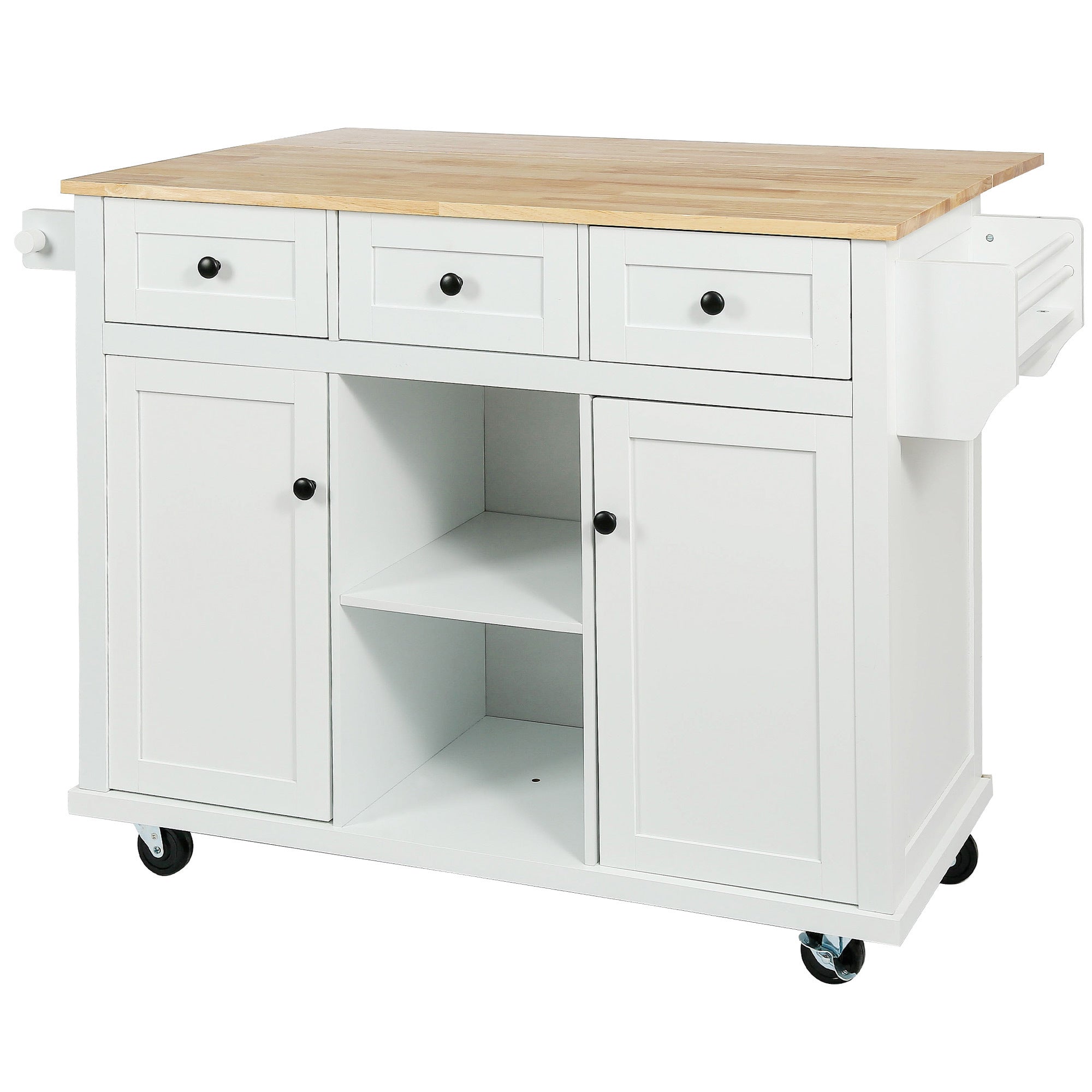 HAOYYE Kitchen Cart with Rubber wood Drop-Leaf Countertop ,Cabinet door internal storage racks,Kitchen Island on 5 Wheels with Storage Cabinet and 3 Drawers for Dinning Room,White Sturdy Space-Saving Durable