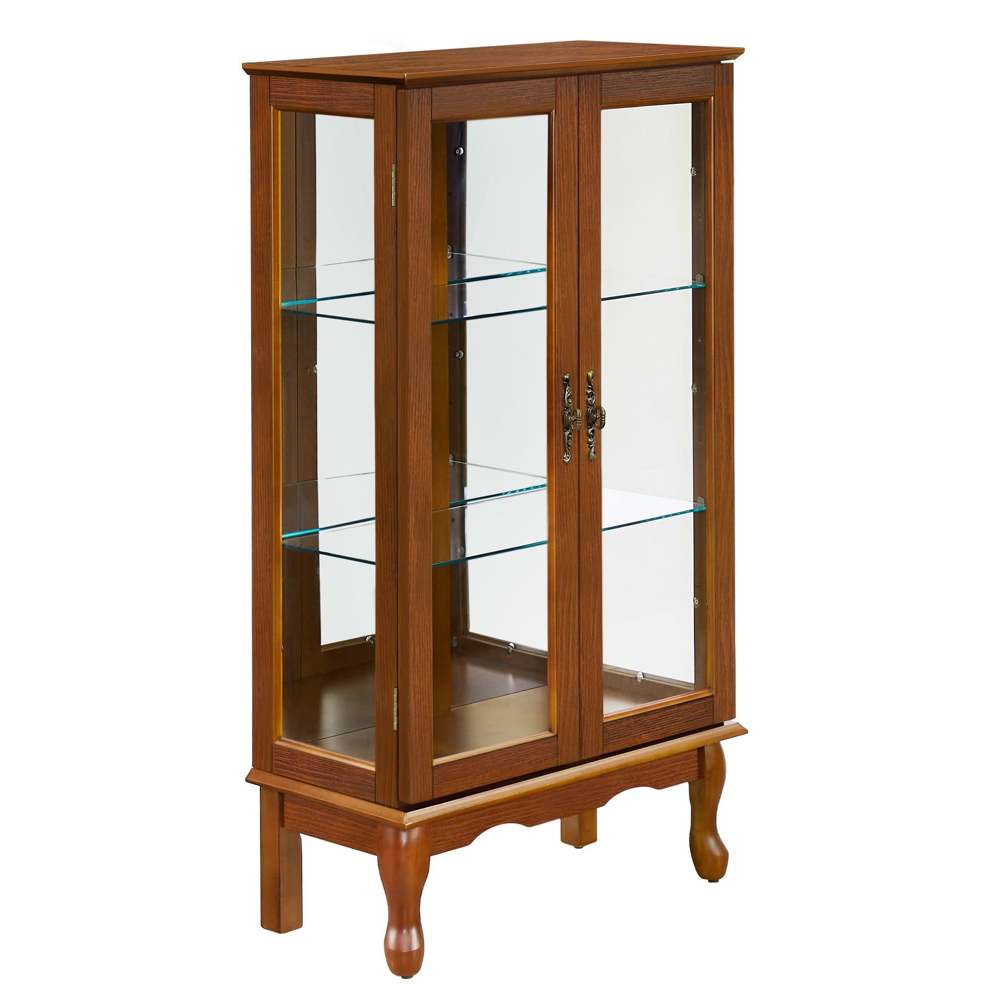 HAOYYE Curio Cabinet with Integrated Lighting and Adjustable Shelves Featuring a Mirrored Back Panel and Tempered Glass Doors in Oak Finish for Displaying Collectibles and Home Decor with Sturdy, Space Saving, Heavy Duty Construction