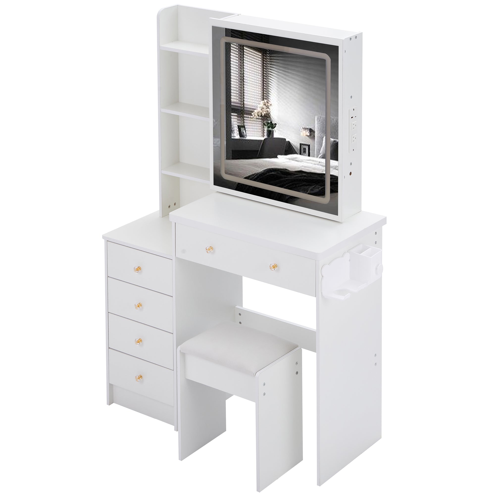 HAOYYE 37" Middle Size Left Bedside Cabinet Vanity Table + Cushioned Stool Dresser Set, 2 AC+2 USB Socket, Hair Dryer Stand, Large Touch Control LED Sliding Mirror, 3-color Switch, EPA, GCC, UL Certificate