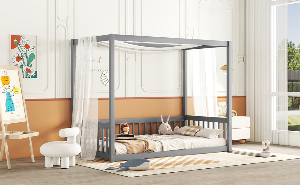 HAOYYE Twin Size Canopy Frame Floor Bed with Fence, Guardrails,Grey Sturdy Space-Saving Heavy Duty Modern Design Adults Dorm Room Easy Assembly Bedroom Furniture