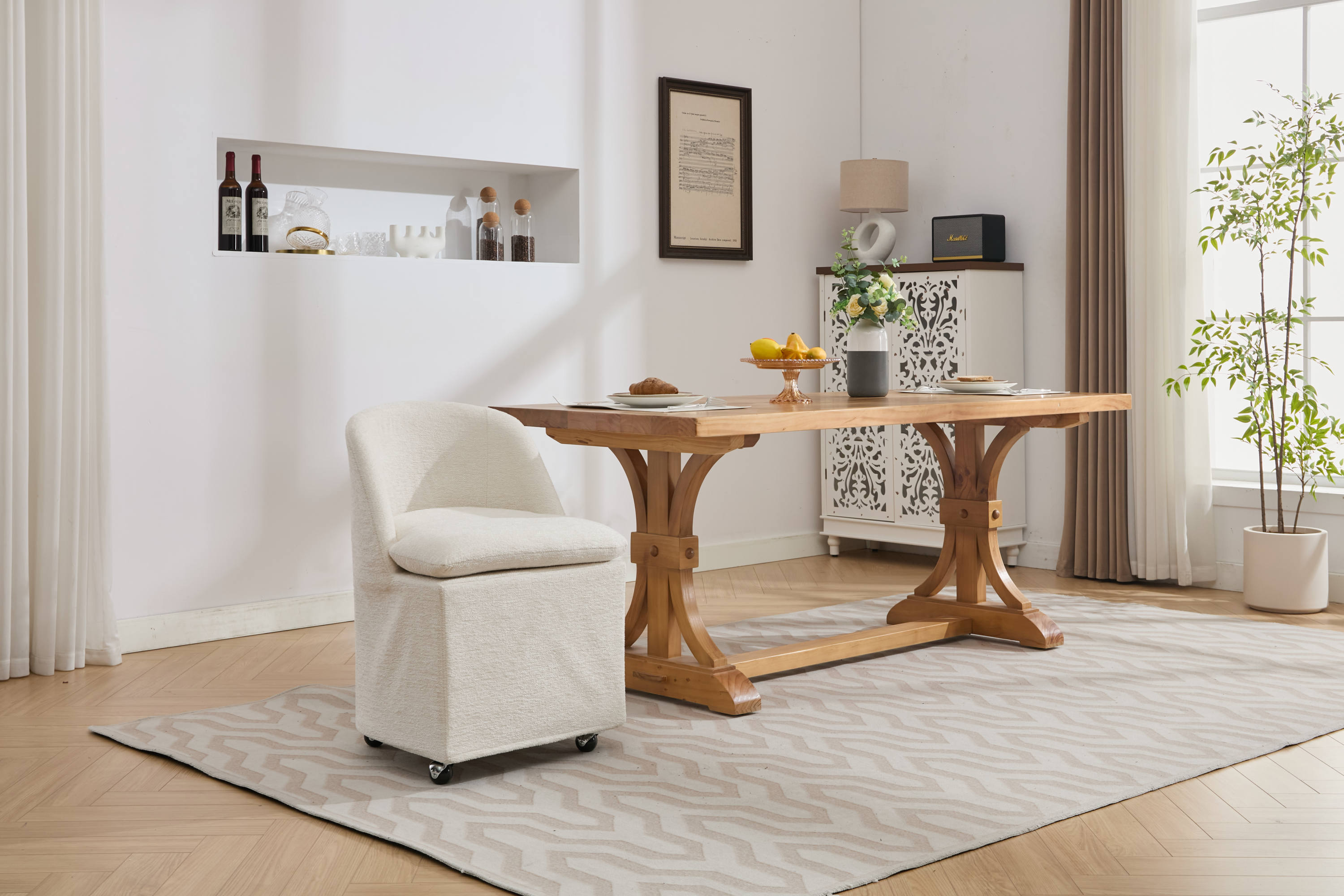 HAOYYE 058-Set of 2 Chenille Fabric Dining Chairs With Universal Wheels,Beige Sturdy Space-Saving Heavy Duty Modern Design Adults Dorm Room Easy Assembly Bedroom Furniture