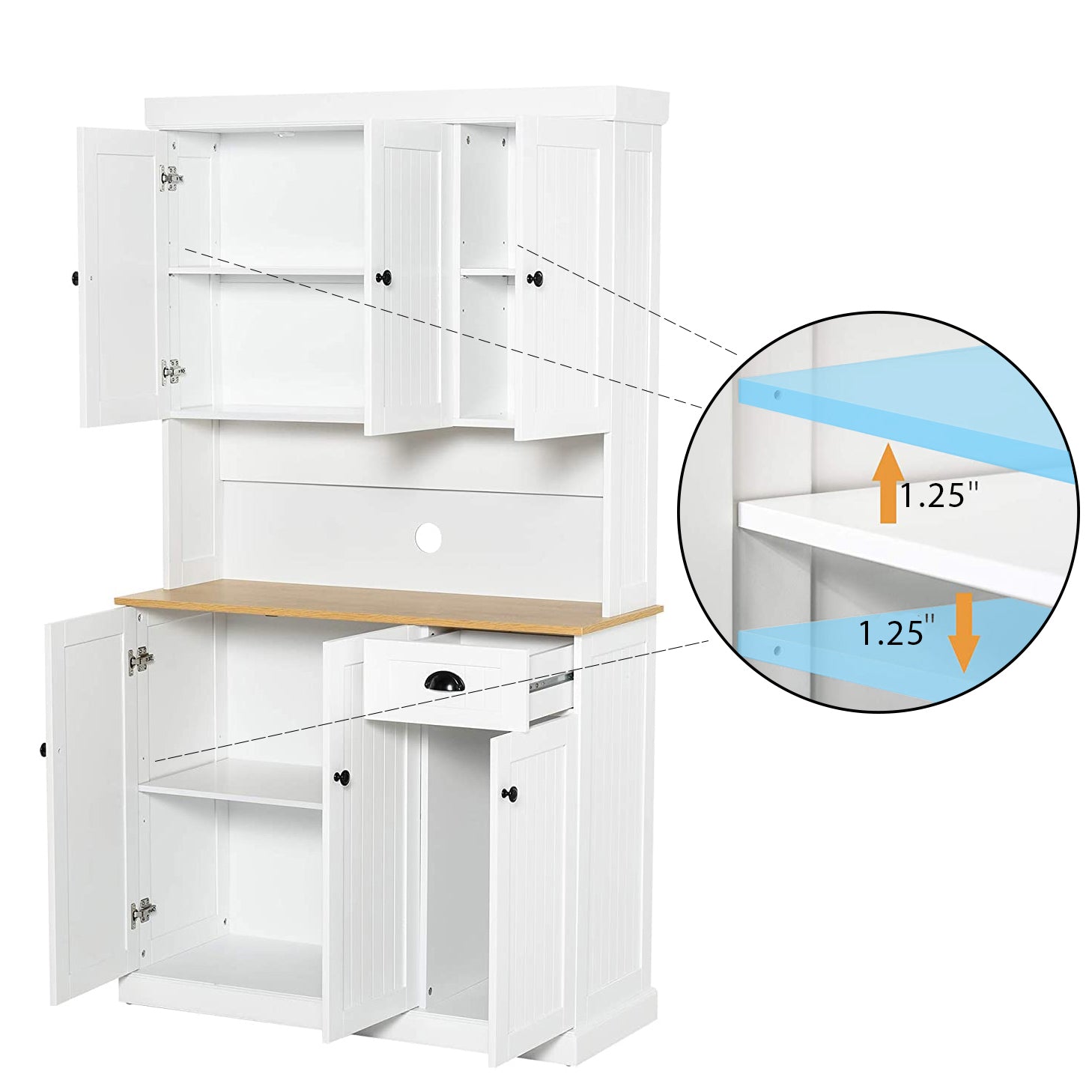 HAOYYE Freestanding Living Room Storage Cabinet with Microwave Countertop, Adjustable Shelves, 6 Doors & 1 Drawer, White, Space-Saving Modern Design, Sturdy Heavy Duty Construction, Stylish Home Furniture
