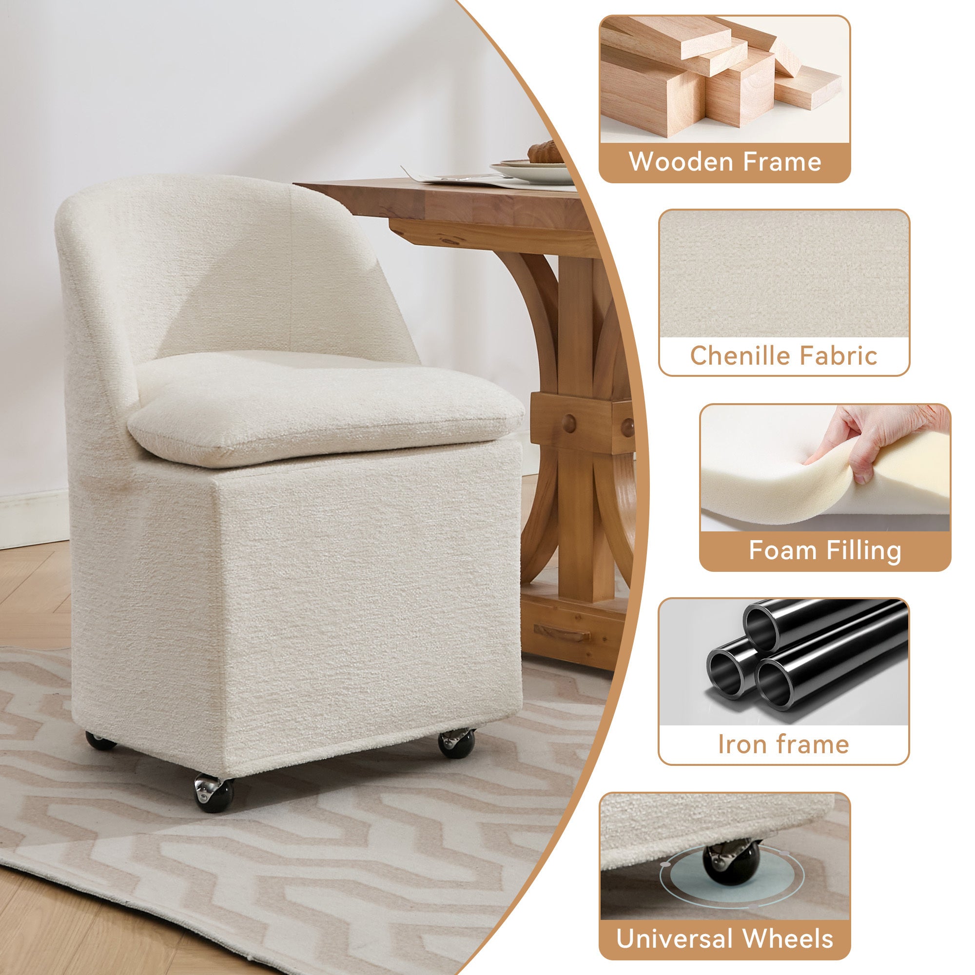 HAOYYE 058-Set of 2 Chenille Fabric Dining Chairs With Universal Wheels,Beige Sturdy Space-Saving Heavy Duty Modern Design Adults Dorm Room Easy Assembly Bedroom Furniture