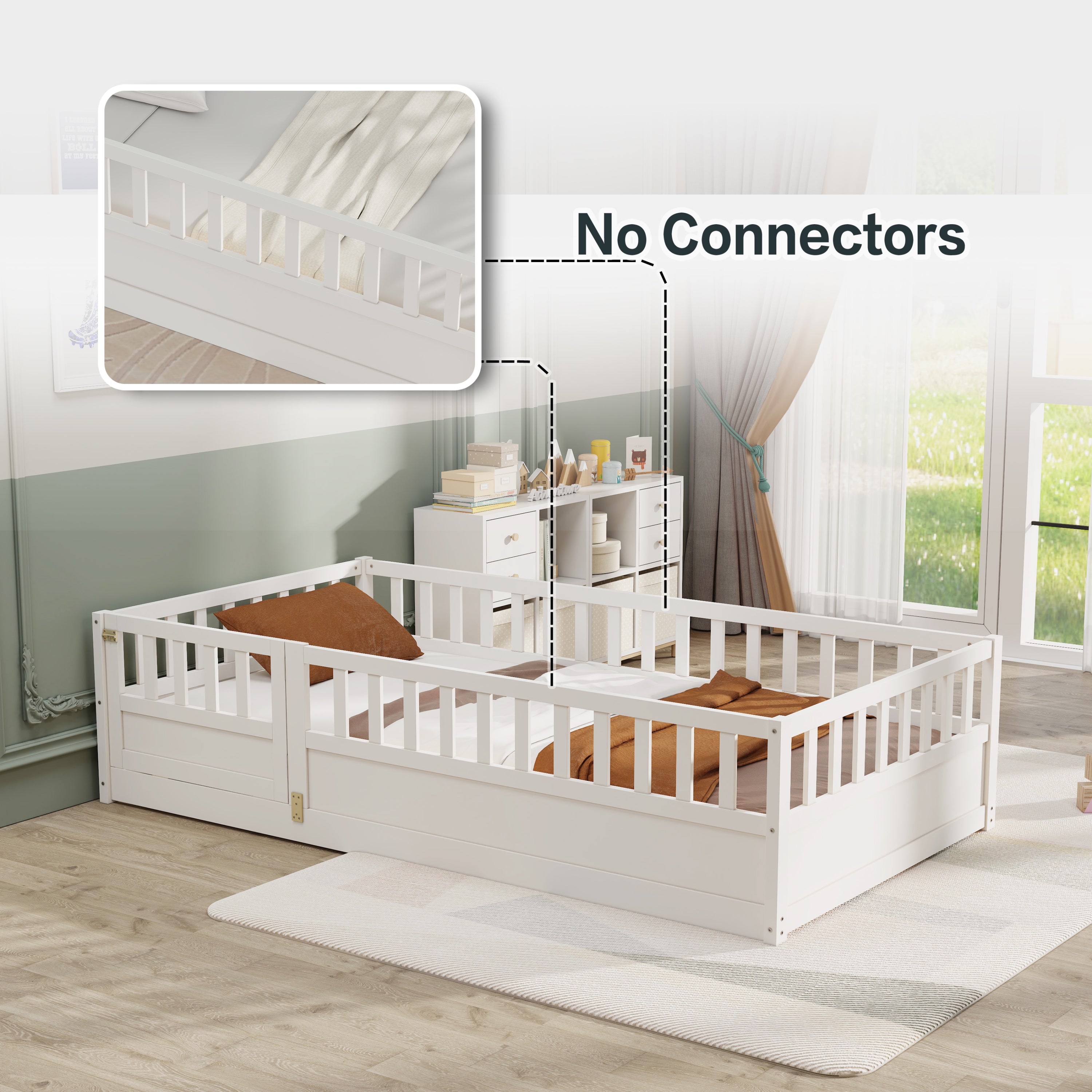 HAOYYE Twin Size Floor bed, integral construction with super high security barrier, door, 's floor bed frame, Montessori wooden 's floor bed, white Sturdy Space-Saving Heavy Duty Adults