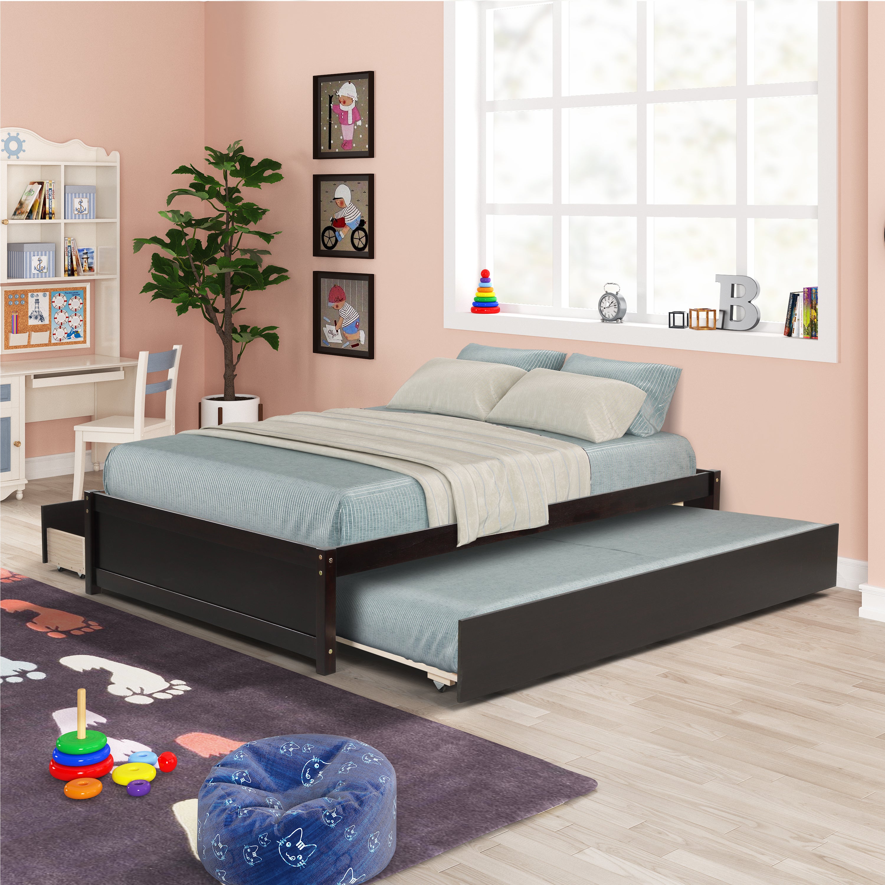 HAOYYE Full Bed With Trundle And Two Storage Drawers, Espresso Wood Platform Bed Frame, Space-Saving Heavy Duty Design, Modern Style For Bedroom Or Dorm Room, Easy Assembly