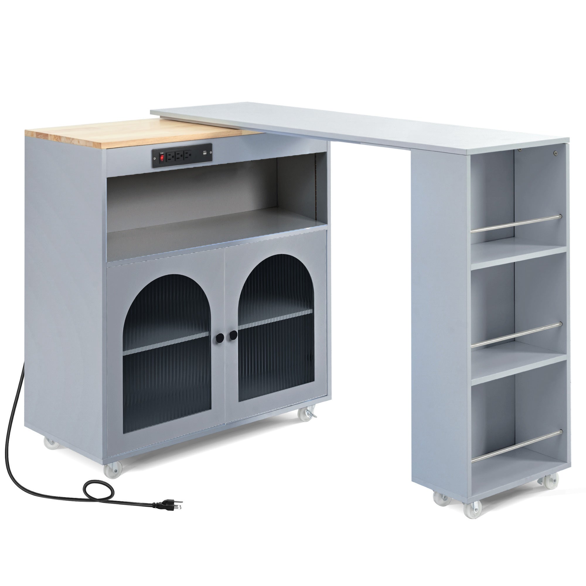 HAOYYE K&K Rolling Kitchen Island With Extended Table, Kitchen Island on Wheels with LED Lights,Power Outlets and 2 Fluted Glass Doors, Kitchen Island with a Storage Compartment and Side 3 Open Shelves, Grey