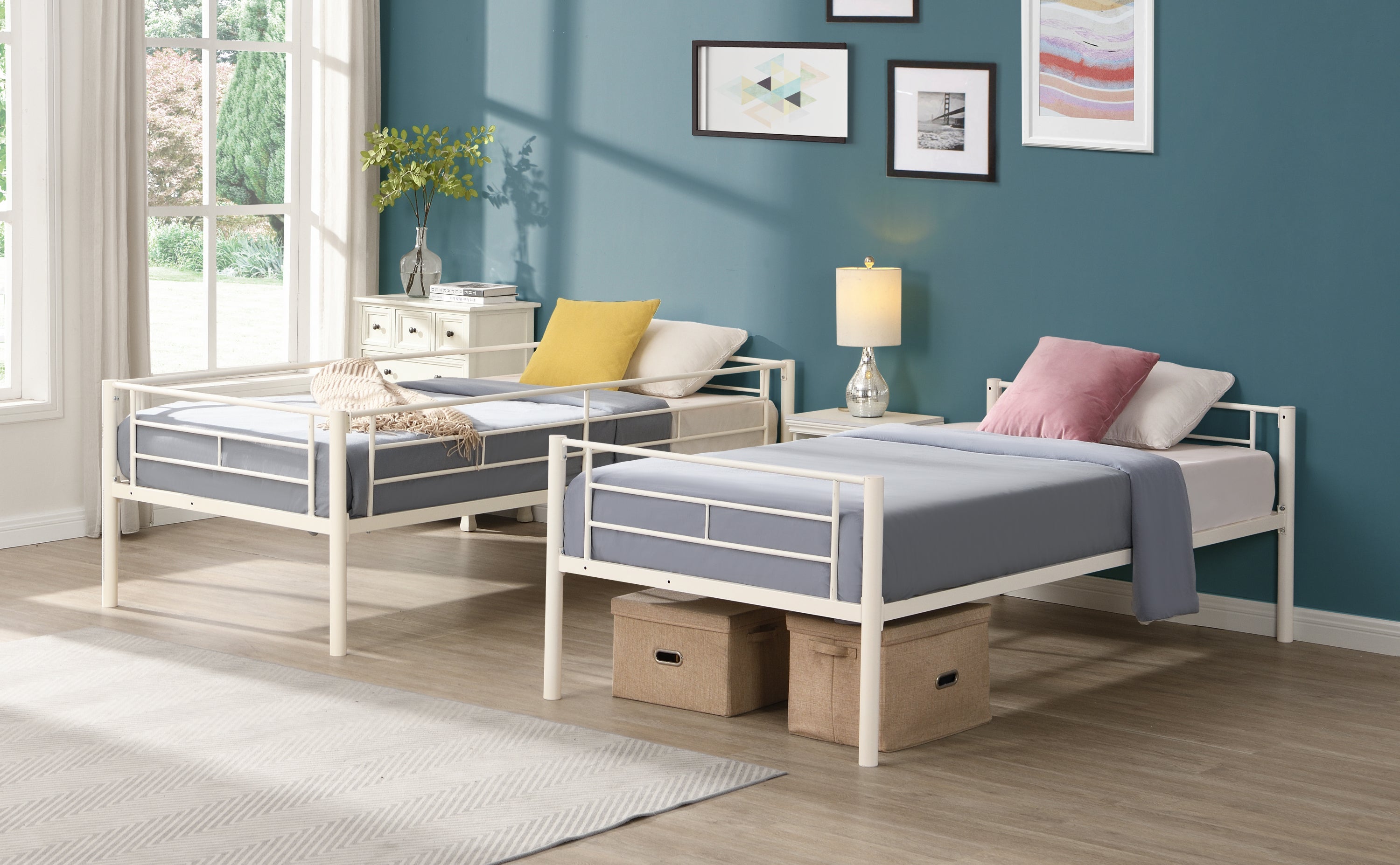 HAOYYE Twin Over Twin Metal Bunk Bed,Metal Structure Bedframe with Safety Guardrails and 2 ladders,Convertible Bunkbeds,No Spring Box Required and Space Saving Design,White Sturdy Space-Saving Heavy Duty