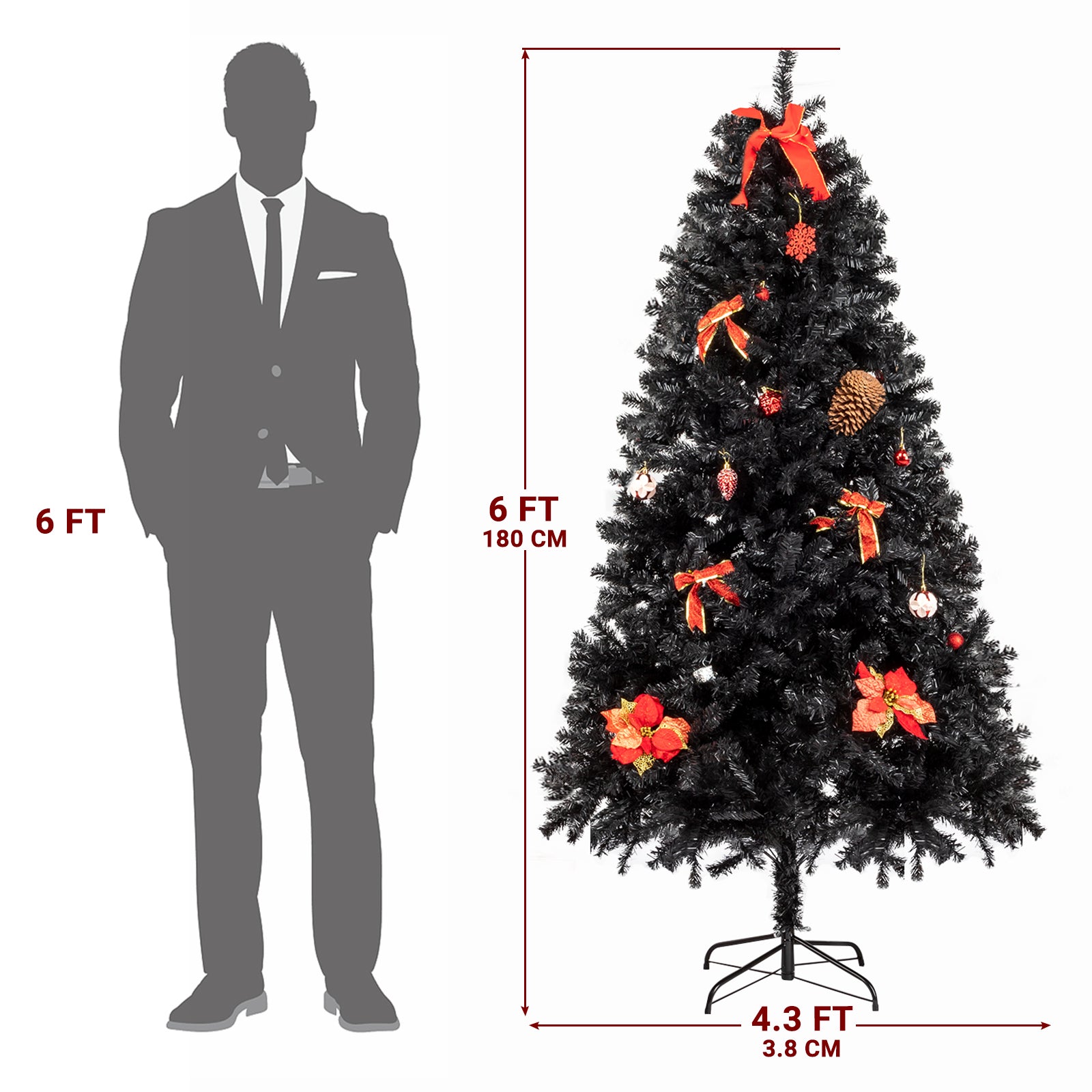 HAOYYE Black Christmas Tree Artificial PVC Holiday Decoration Tree with 1050 Realistic Branch Tips Stable Metal Base Easy Assembly Flame-Resistant for Home Office Indoor Winter Holiday Display